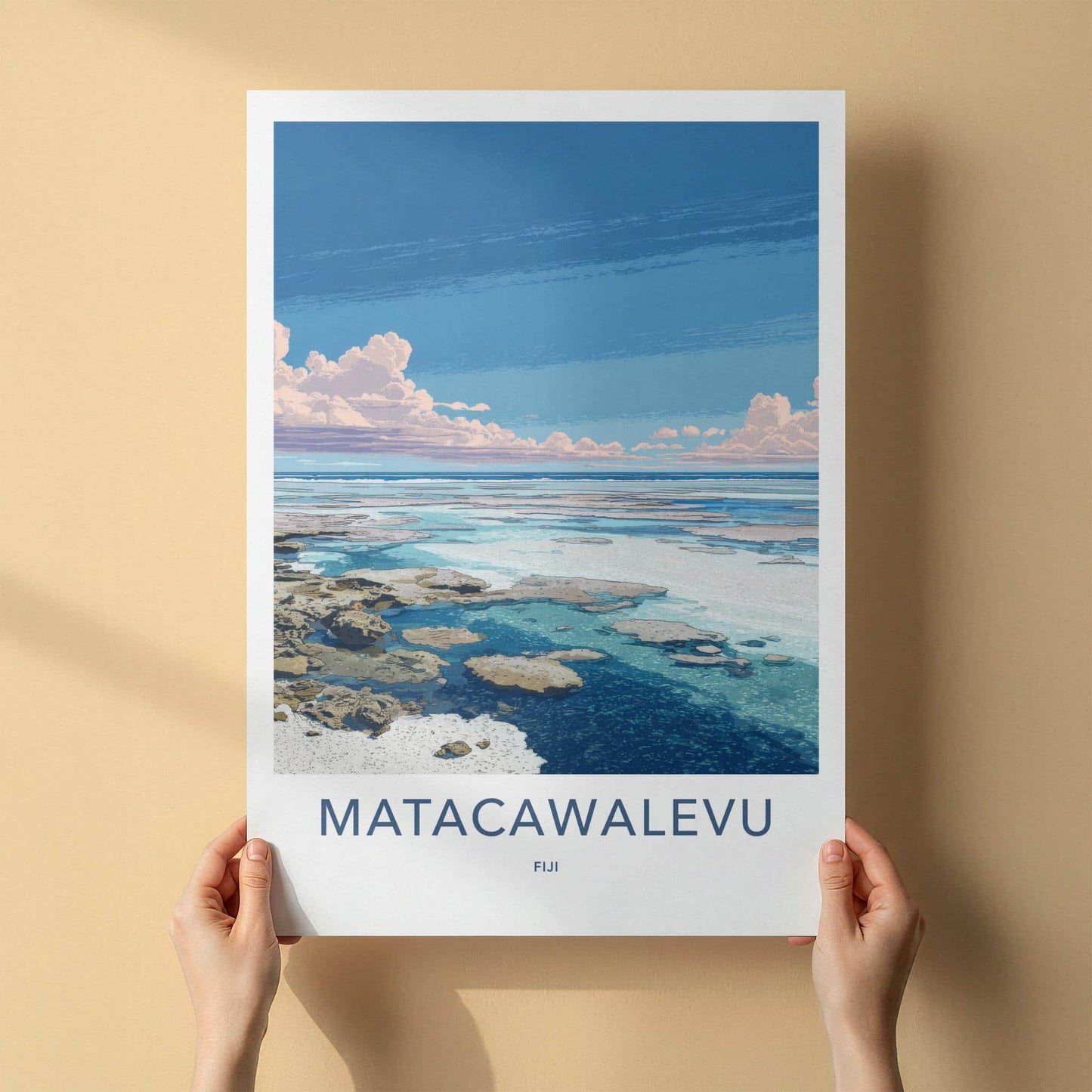 Matacawalevu Poster - Fiji Travel Art - Shallow Reef Blue Wall Decor