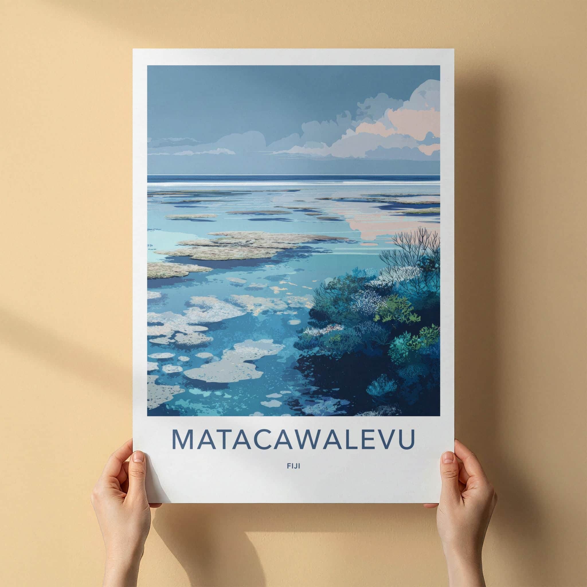 Matacawalevu Poster - Fiji Travel Art - Shallow Reef Waters Home Decor