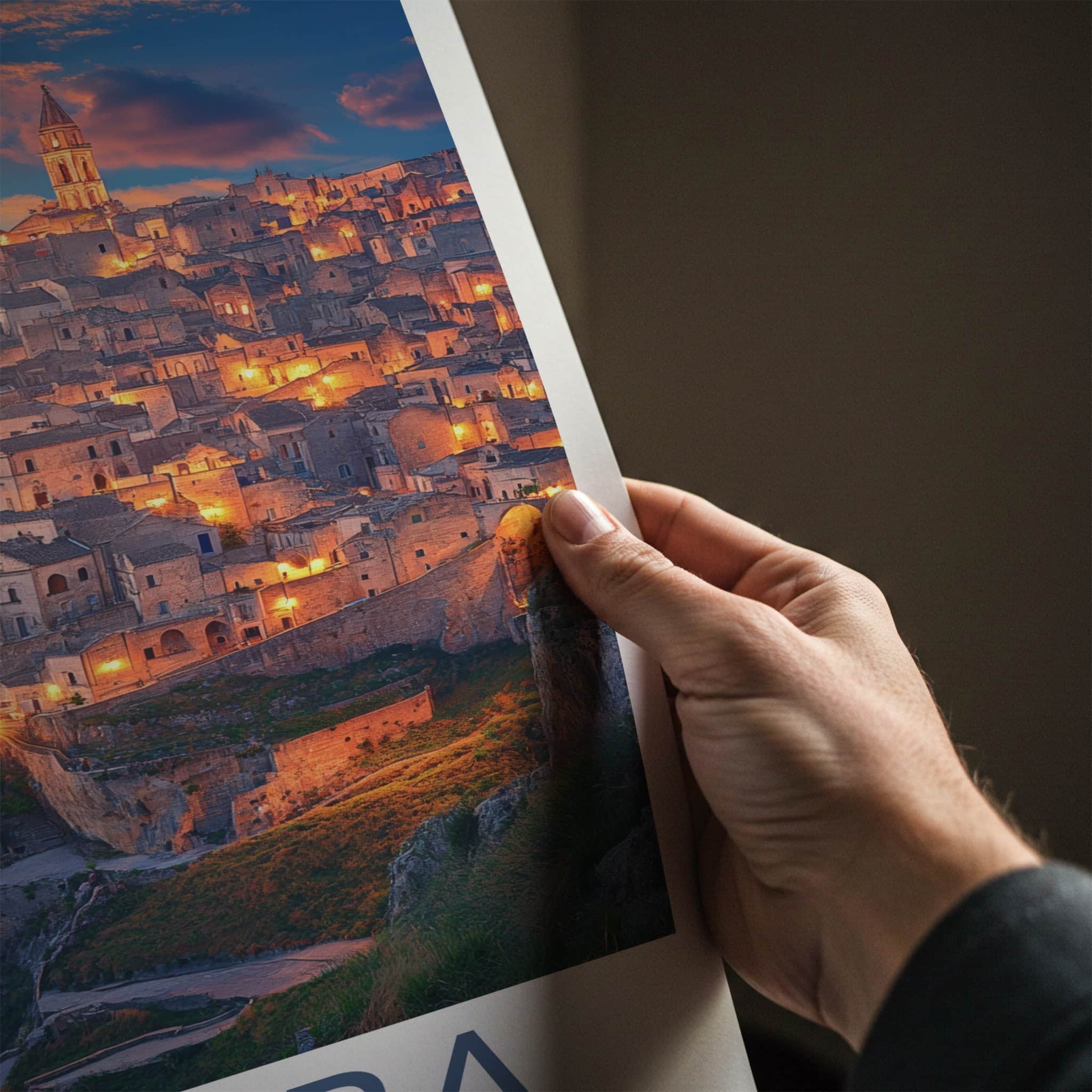 Matera Poster - Italy Framed Print - Illuminated Hillside Town Framed Decor