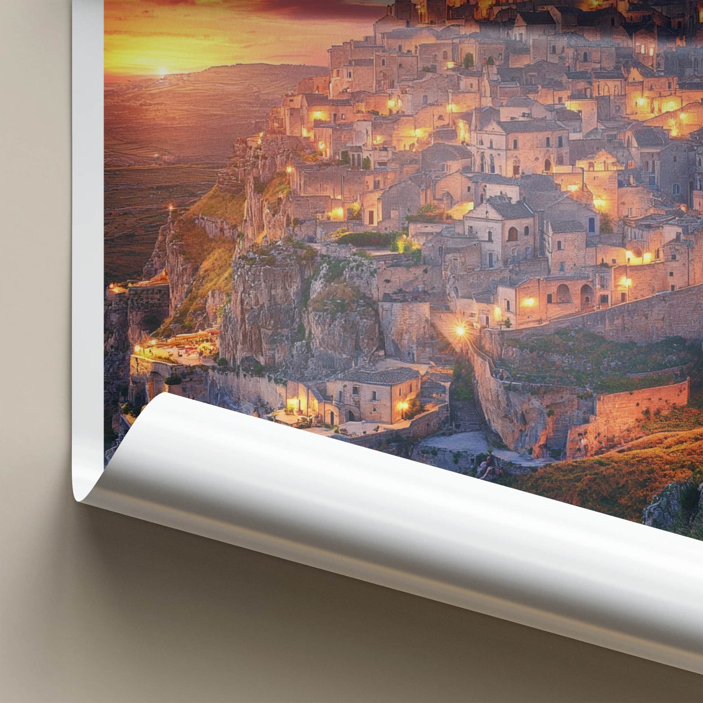 Matera Poster - Italy Framed Print - Illuminated Hillside Town Framed Decor