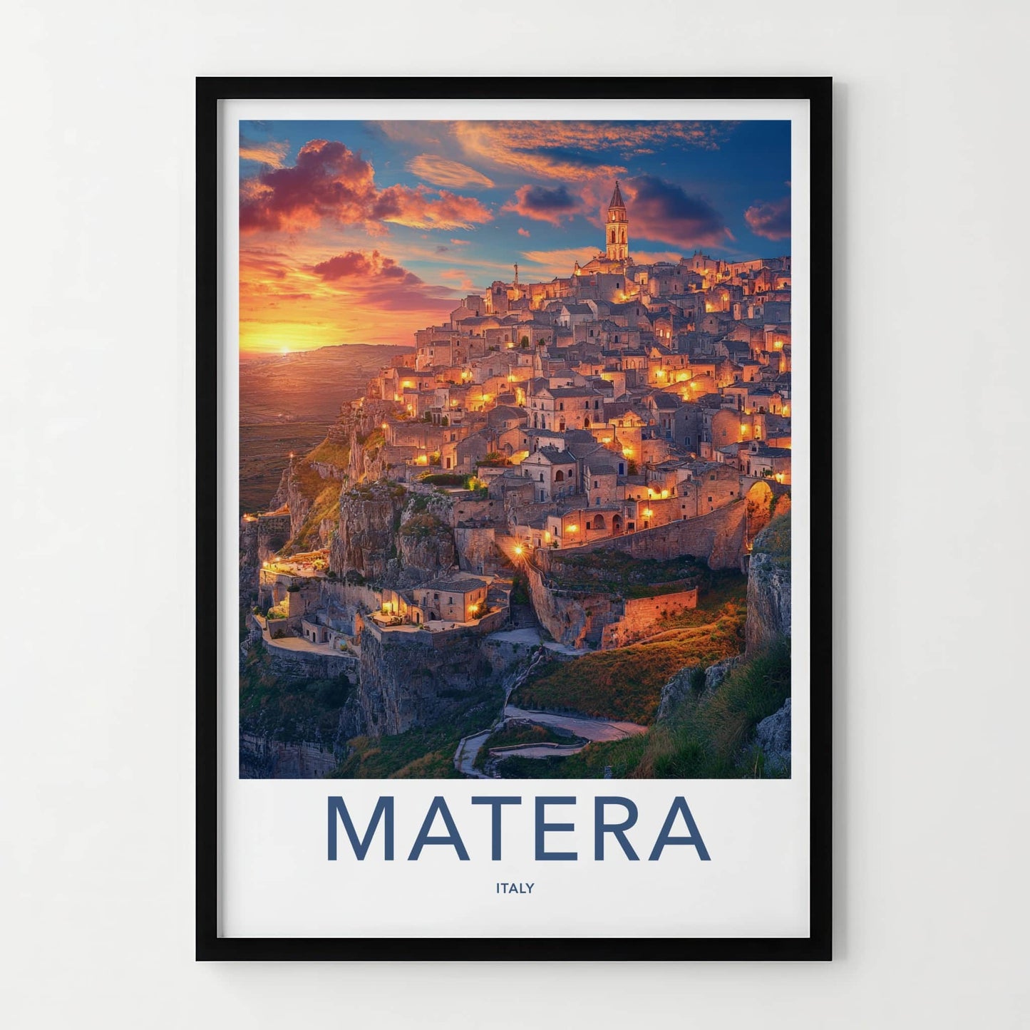 Matera Poster - Italy Framed Print - Illuminated Hillside Town Framed Decor