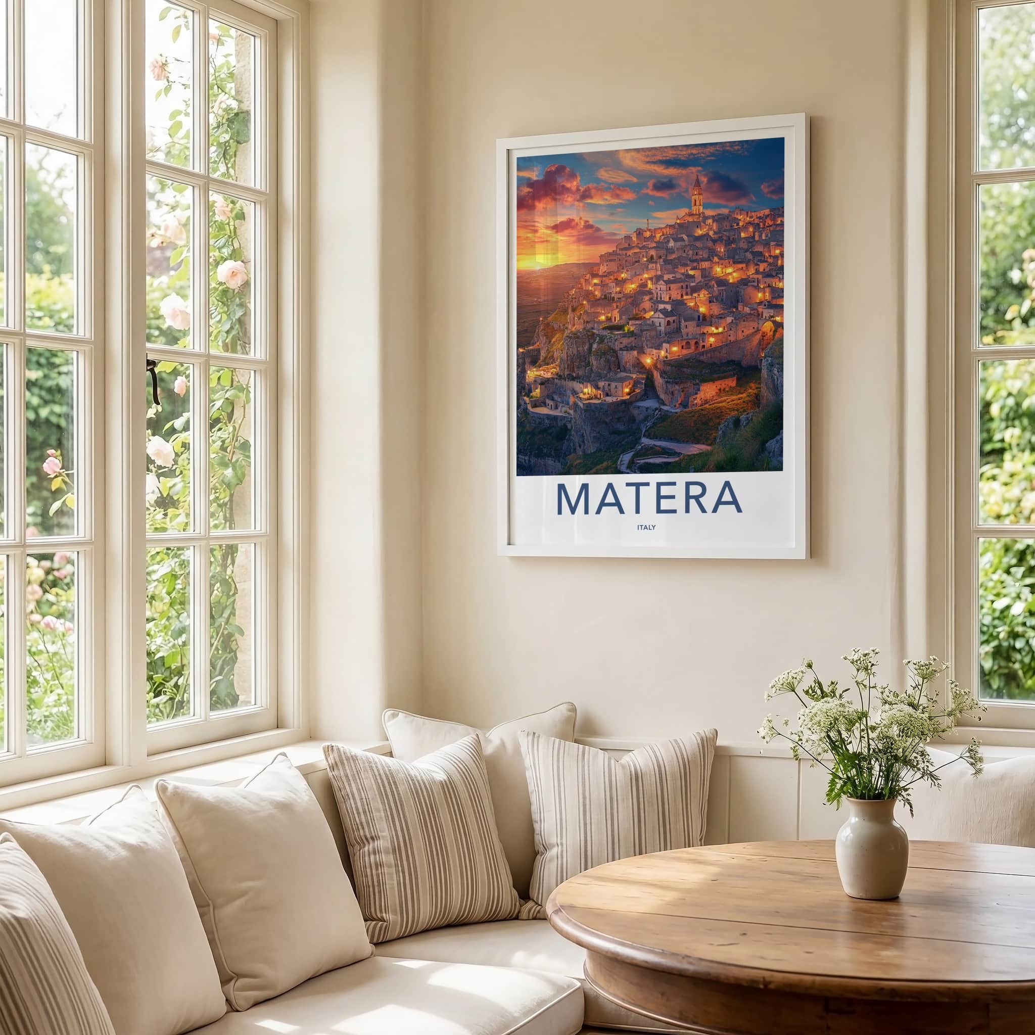Matera Poster - Italy Framed Print - Illuminated Hillside Town Framed Decor