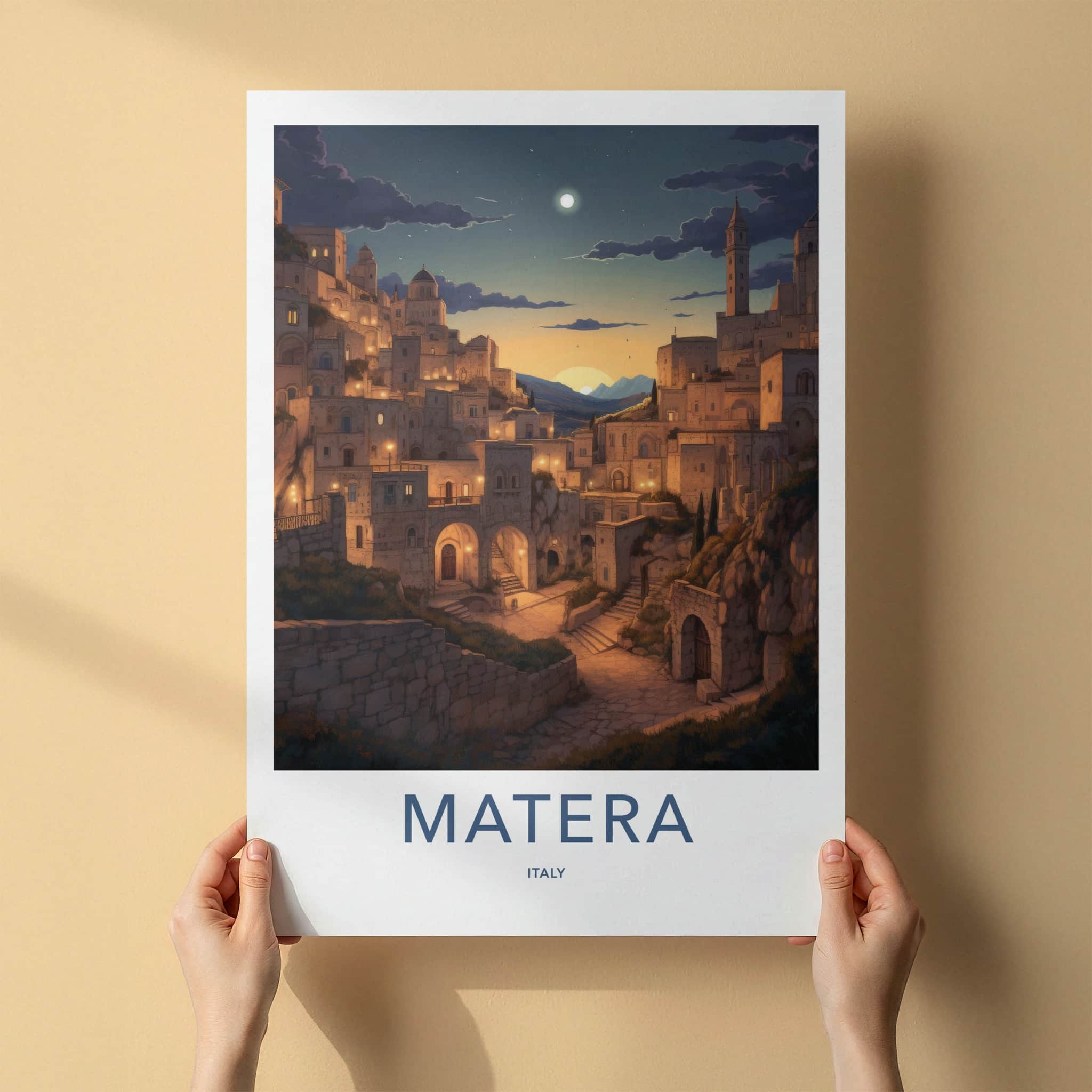 Matera Poster - Italy Travel Art - Hillside Village Twilight Home Decor