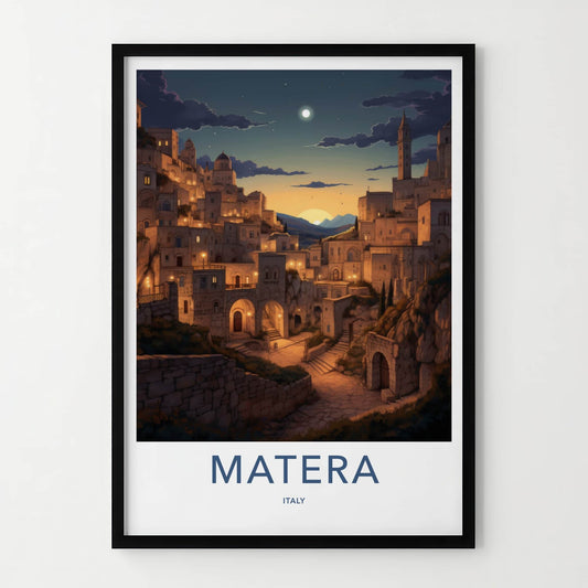 Matera Poster - Italy Travel Art - Hillside Village Twilight Home Decor