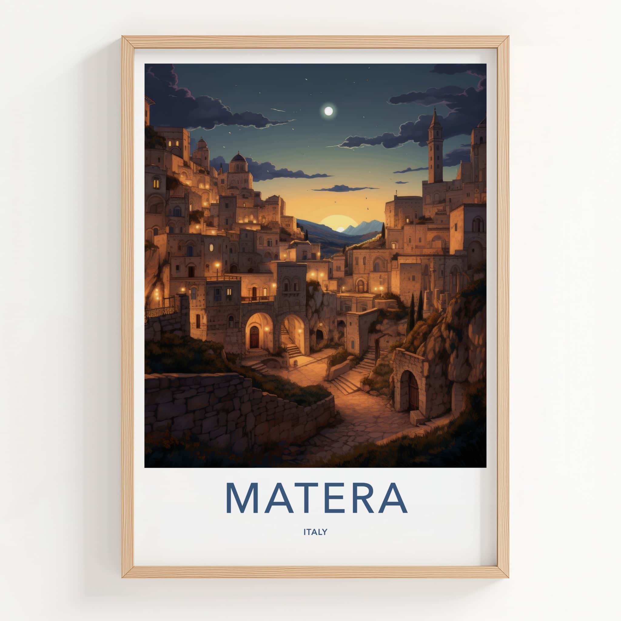 Matera Poster - Italy Travel Art - Hillside Village Twilight Home Decor