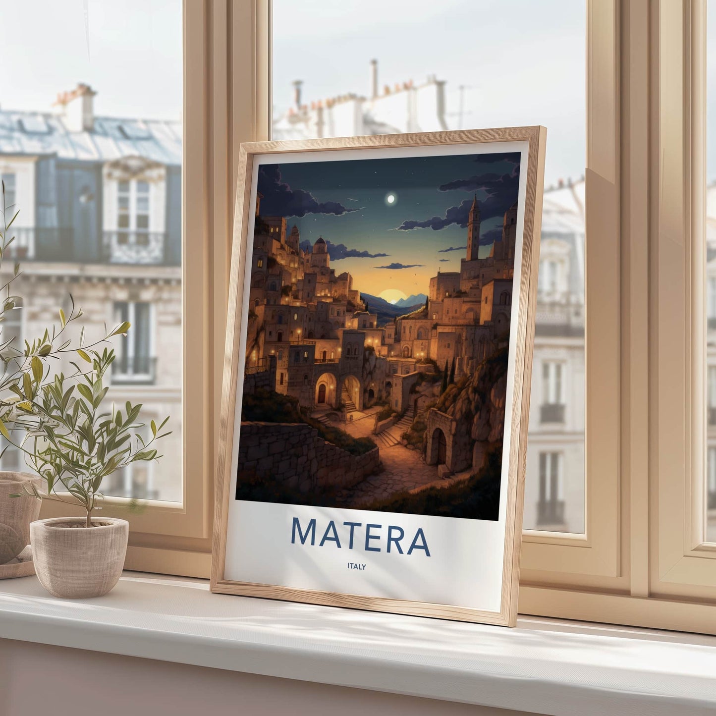 Matera Poster - Italy Travel Art - Hillside Village Twilight Home Decor
