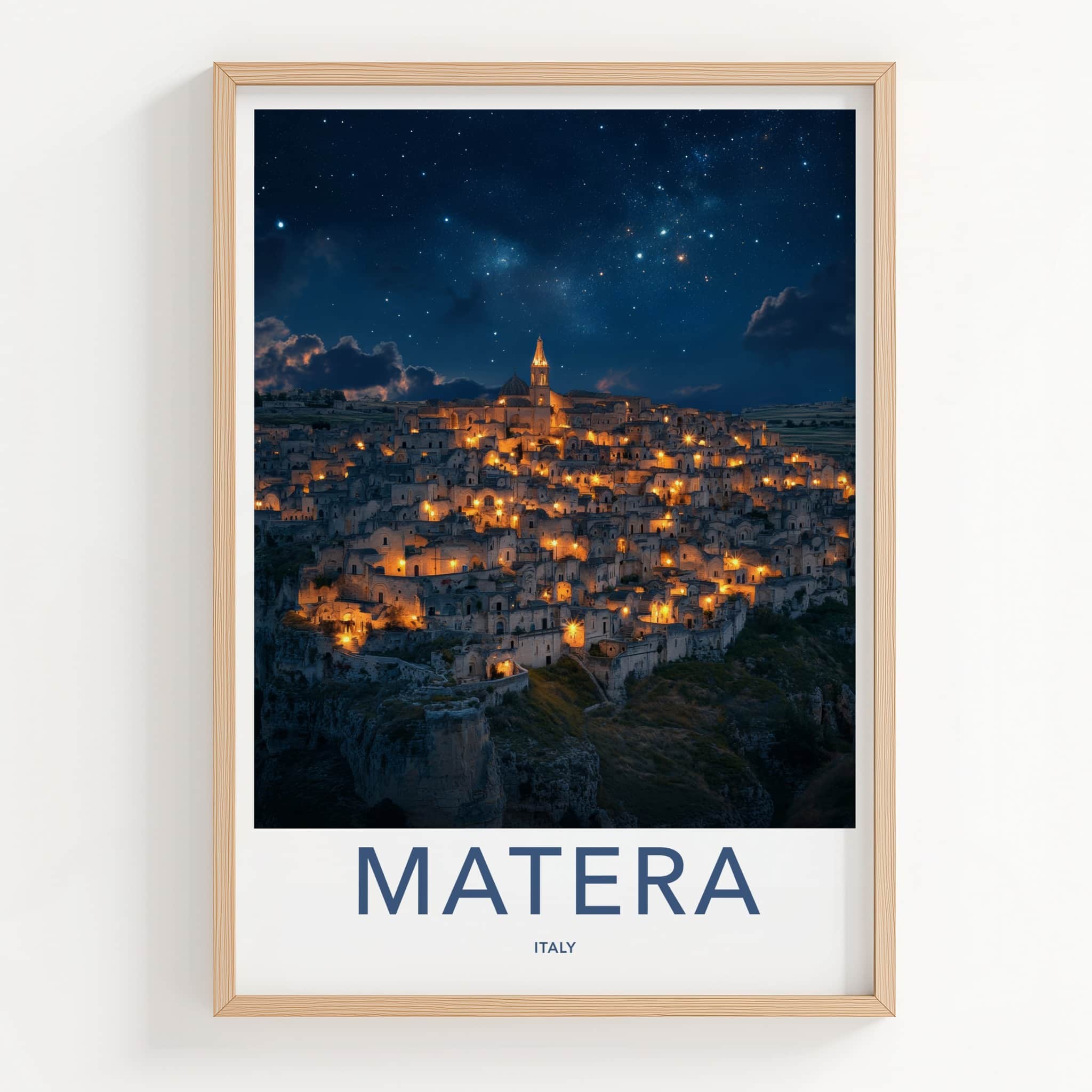 Matera Poster - Italy Travel Art - Illuminated Cave City Home Decor