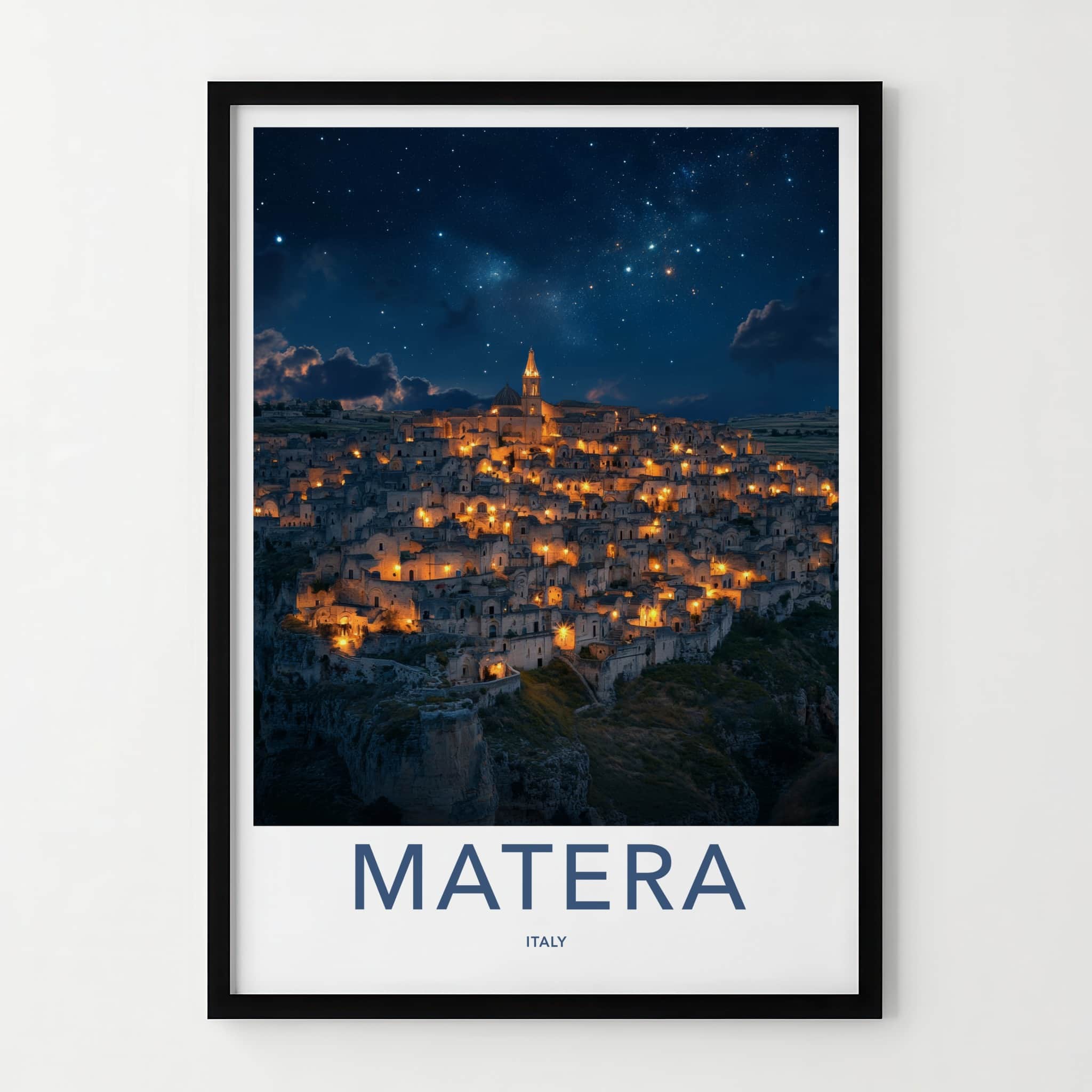 Matera Poster - Italy Travel Art - Illuminated Cave City Home Decor