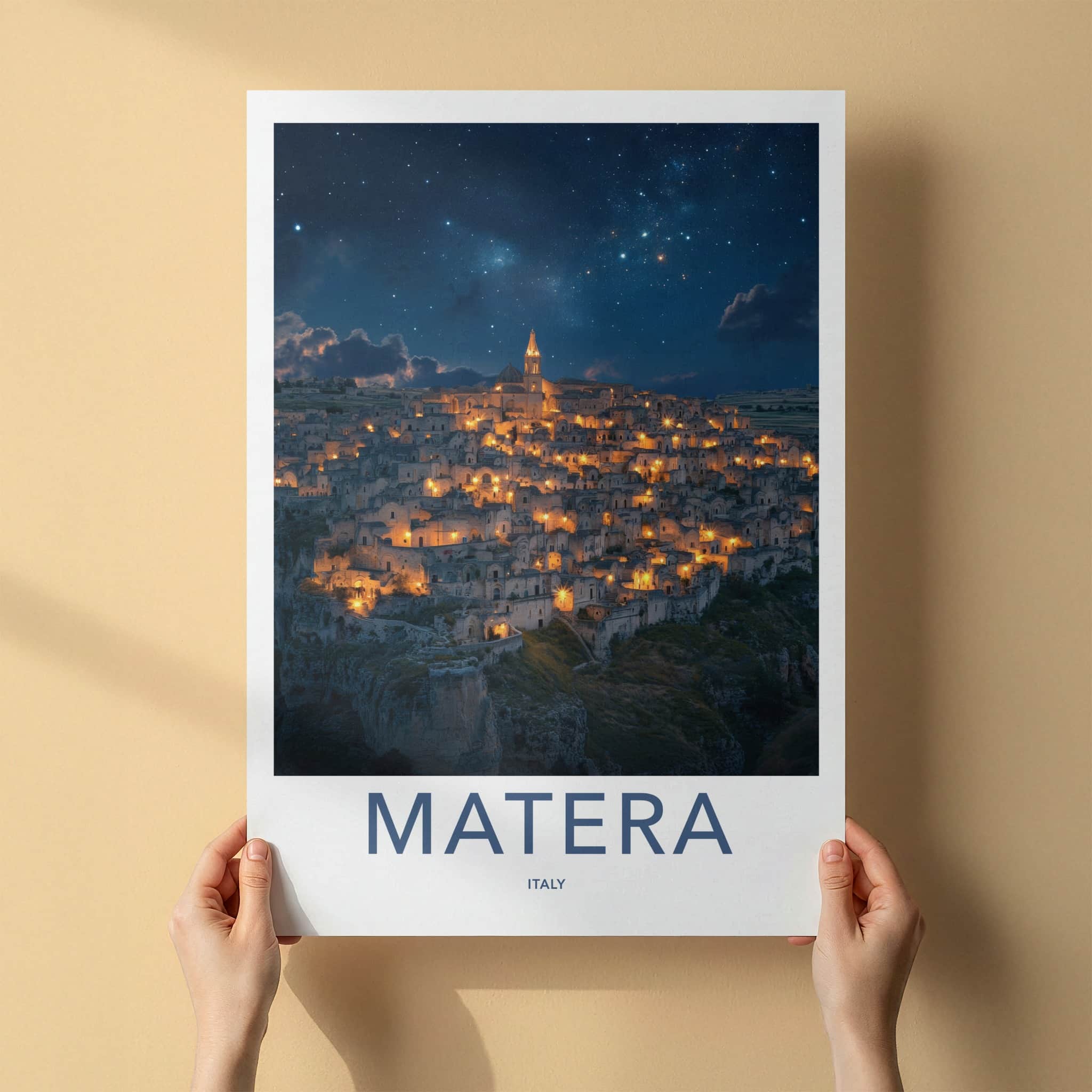Matera Poster - Italy Travel Art - Illuminated Cave City Home Decor