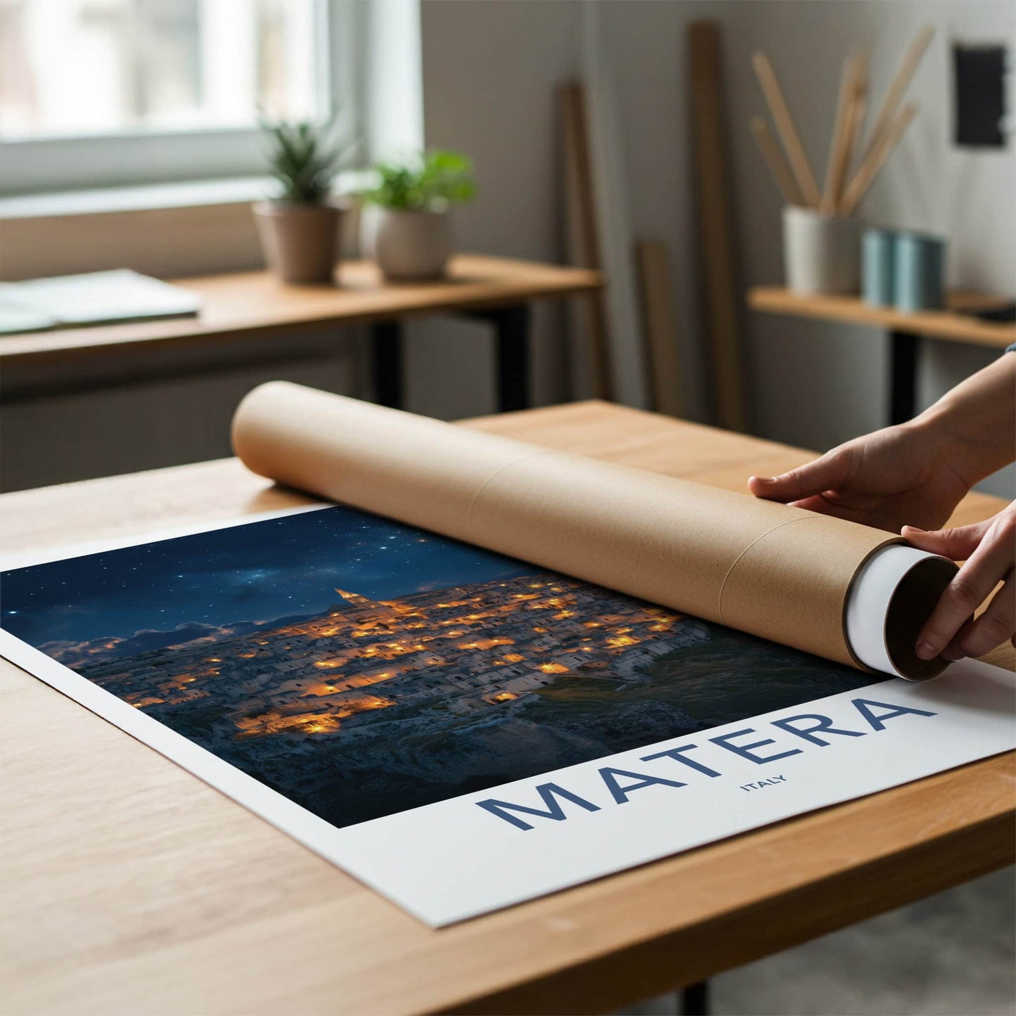 Matera Poster - Italy Travel Art - Illuminated Cave City Home Decor