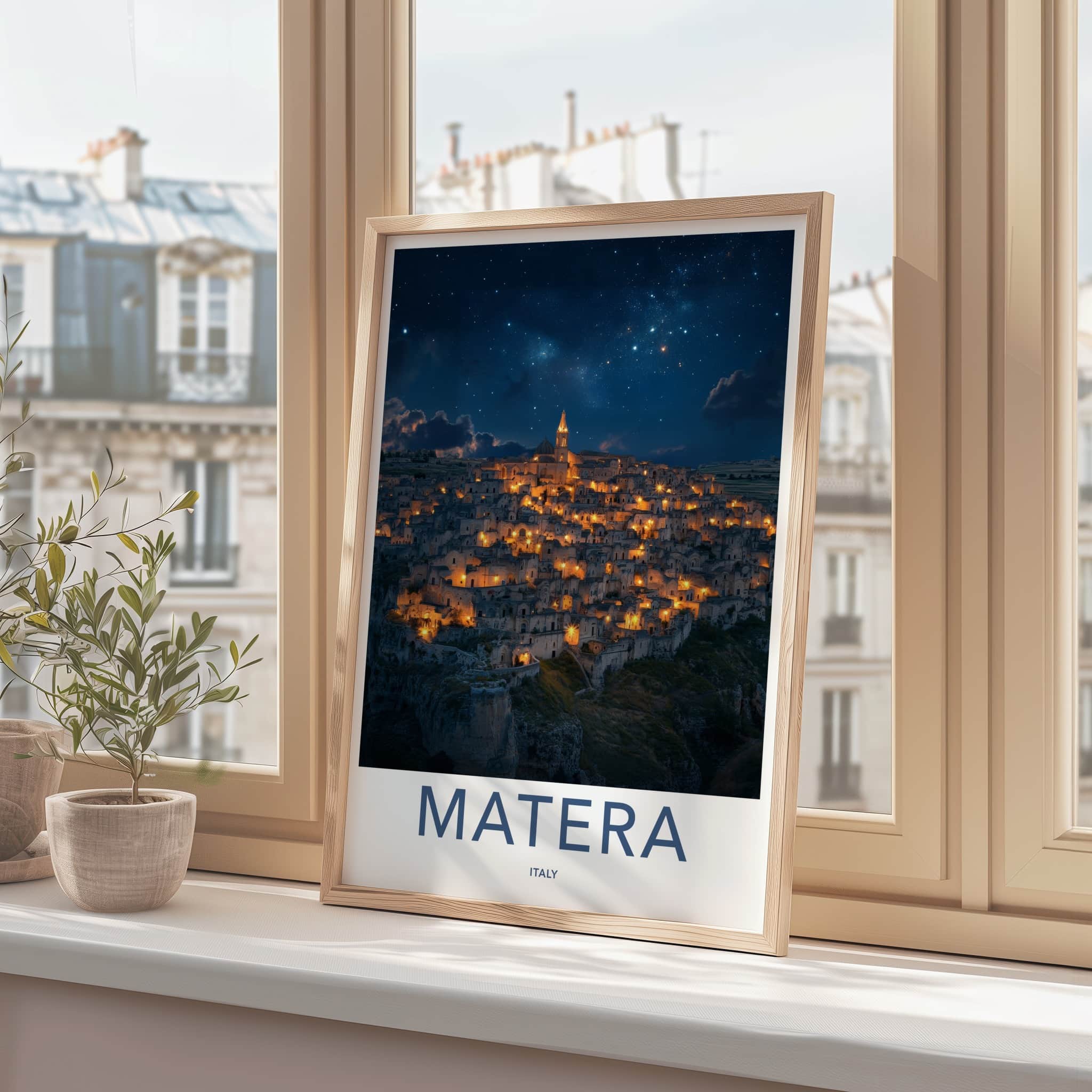 Matera Poster - Italy Travel Art - Illuminated Cave City Home Decor