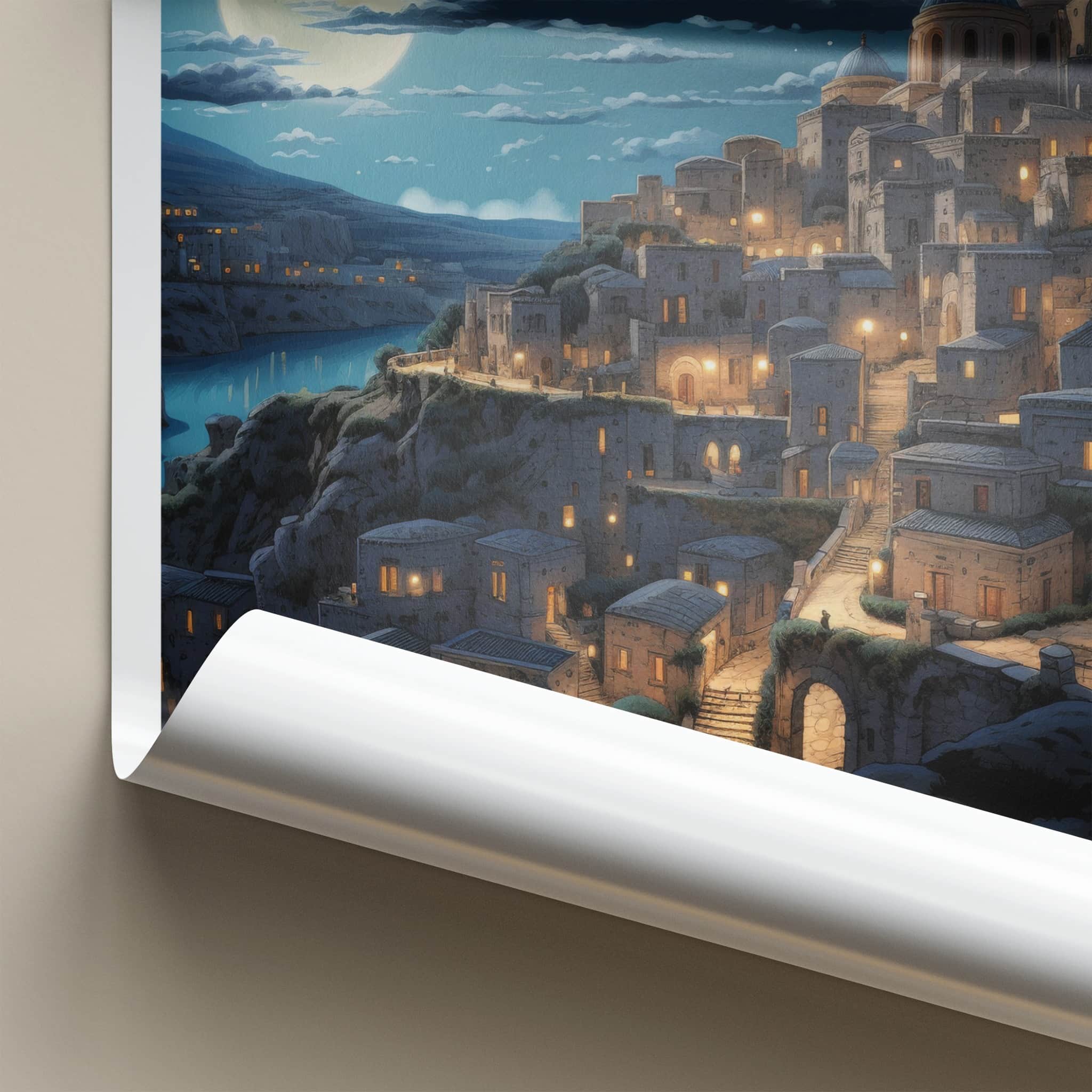 Matera Poster - Italy Travel Art - Moonlit Ancient City Home Decor