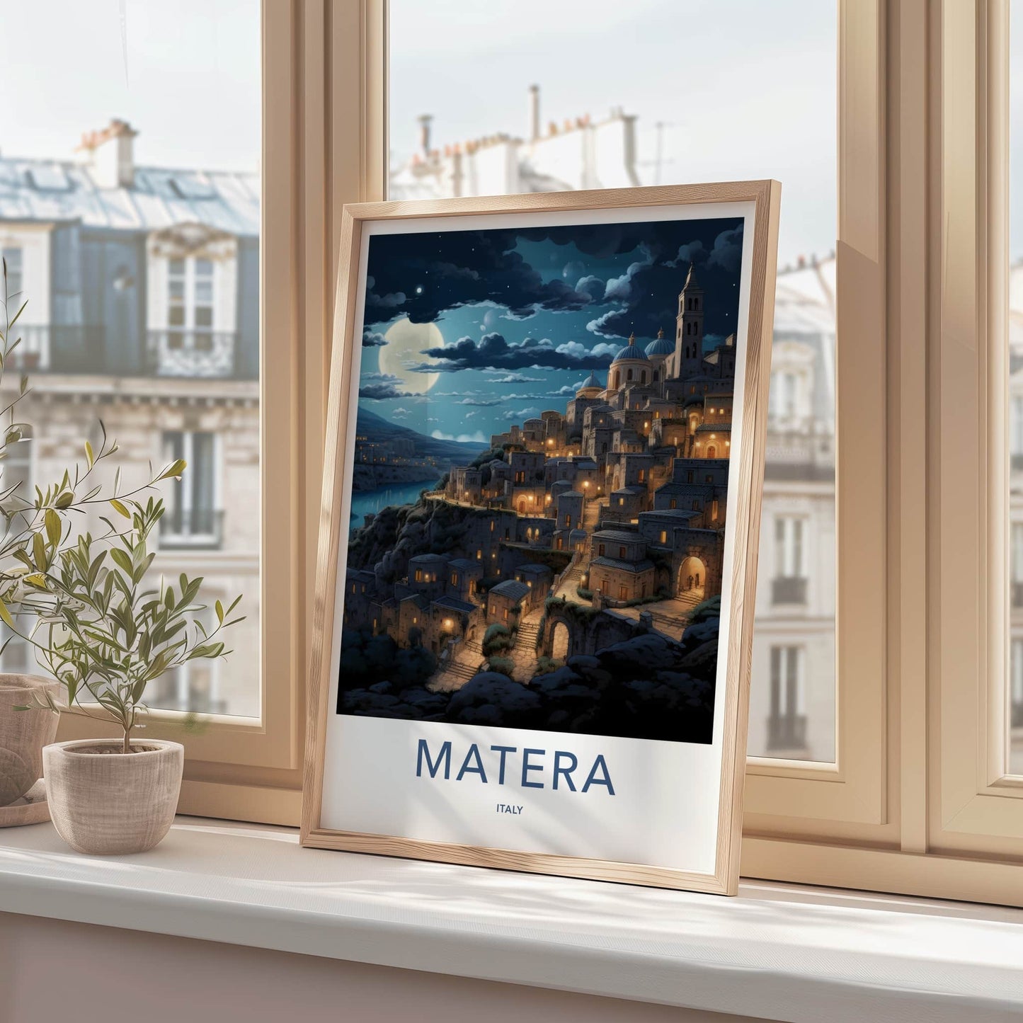 Matera Poster - Italy Travel Art - Moonlit Ancient City Home Decor