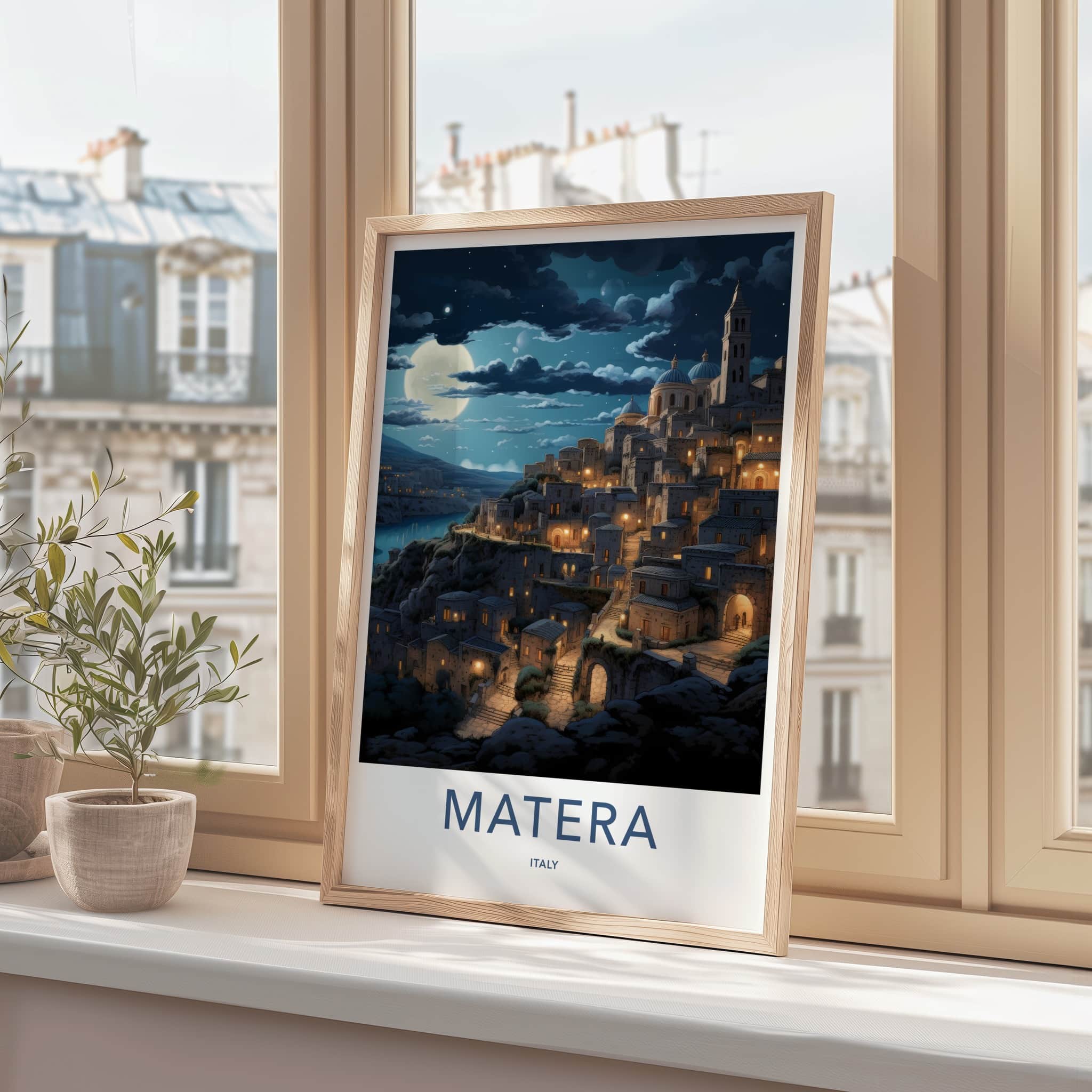 Matera Poster - Italy Travel Art - Moonlit Ancient City Home Decor