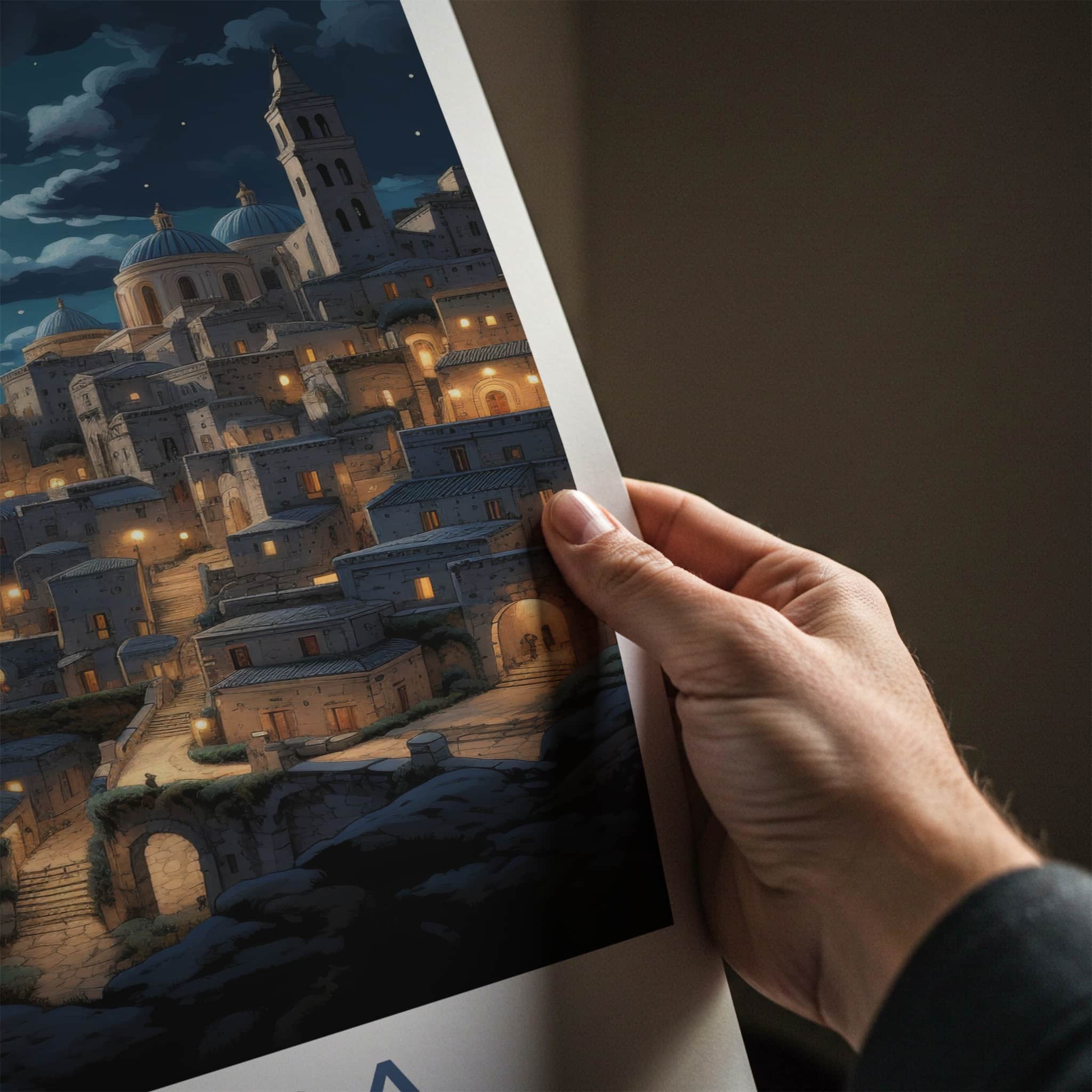 Matera Poster - Italy Travel Art - Moonlit Ancient City Home Decor