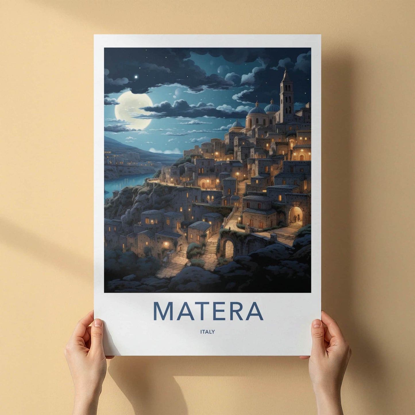 Matera Poster - Italy Travel Art - Moonlit Ancient City Home Decor