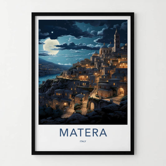 Matera Poster - Italy Travel Art - Moonlit Ancient City Home Decor
