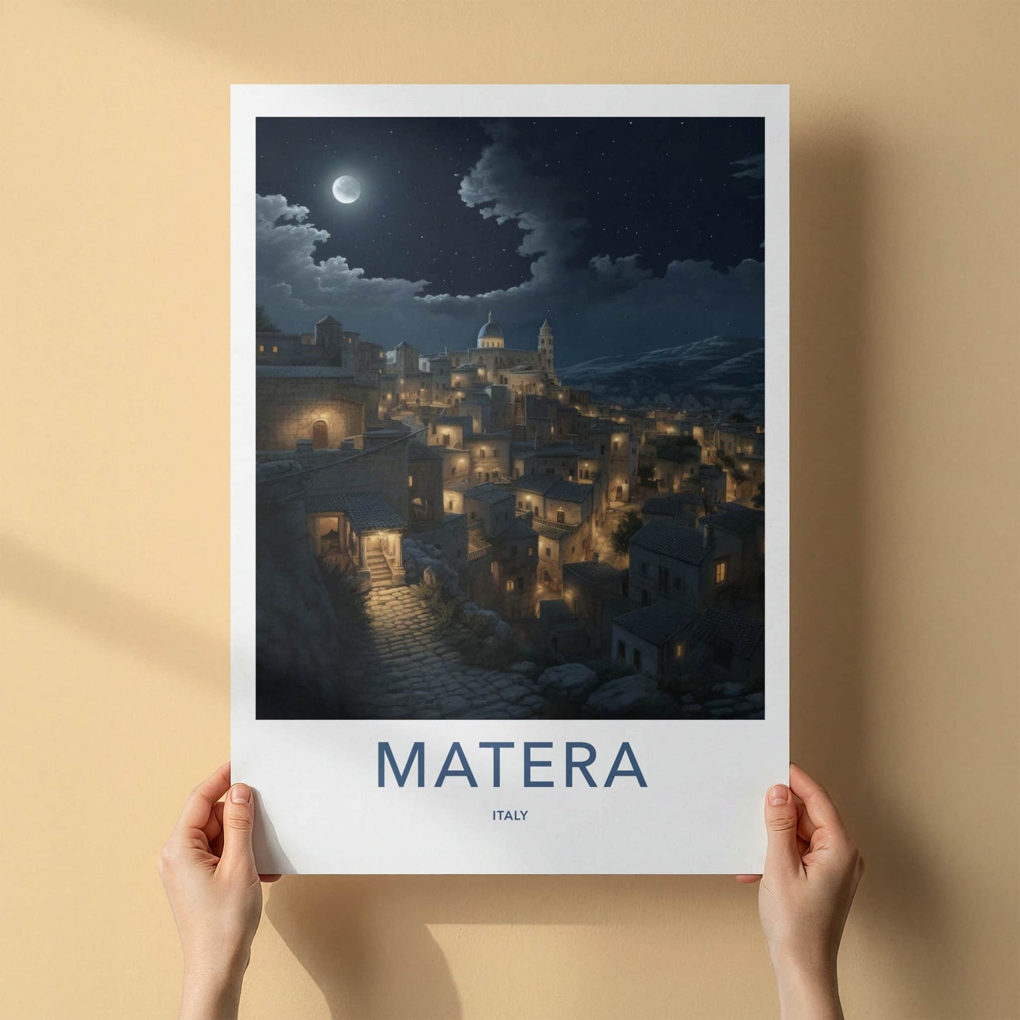 Matera Poster - Italy Travel Art - Moonlit Historic City Home Decor