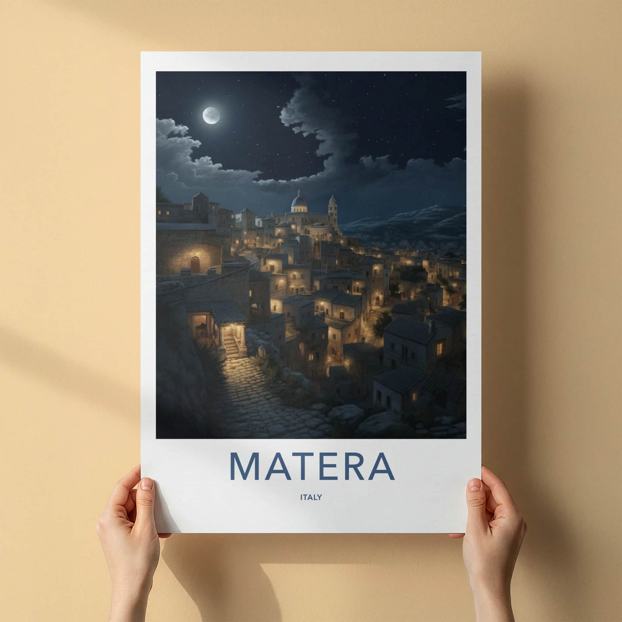 Matera Poster - Italy Travel Art - Moonlit Historic City Home Decor