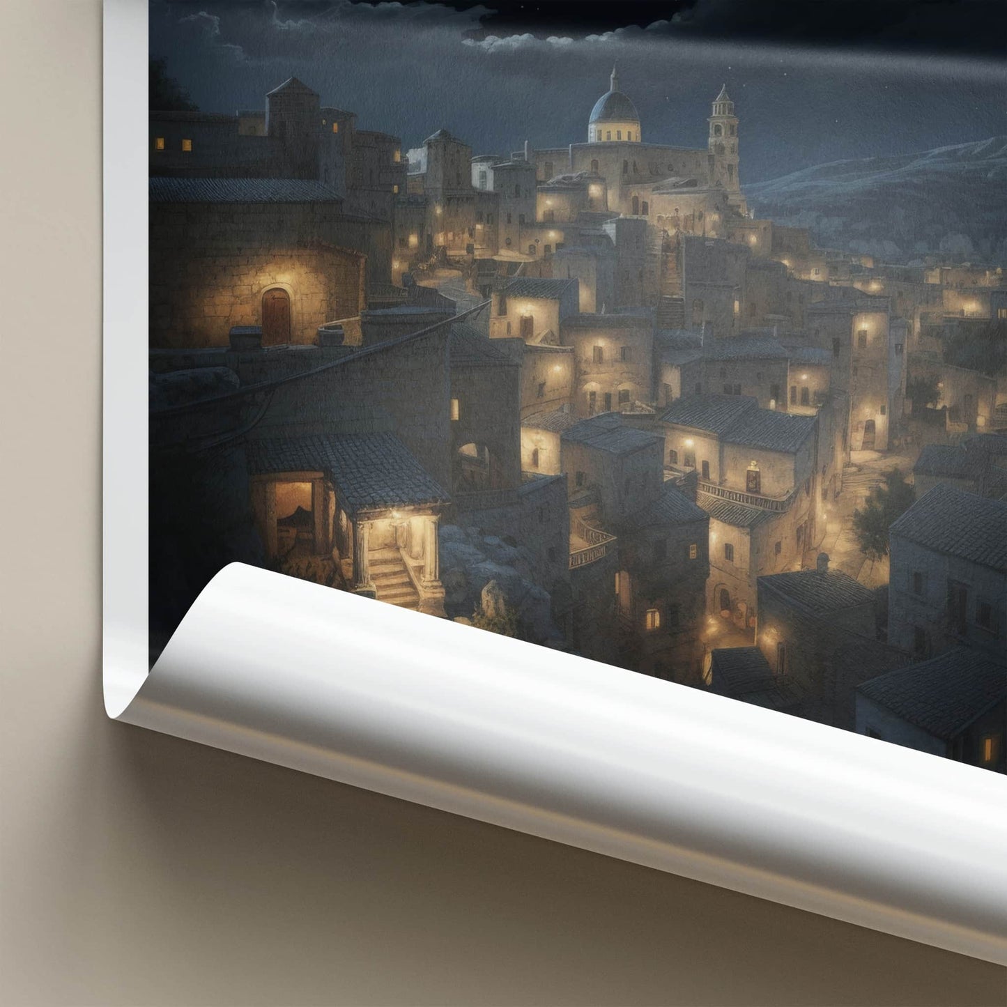 Matera Poster - Italy Travel Art - Moonlit Historic City Home Decor