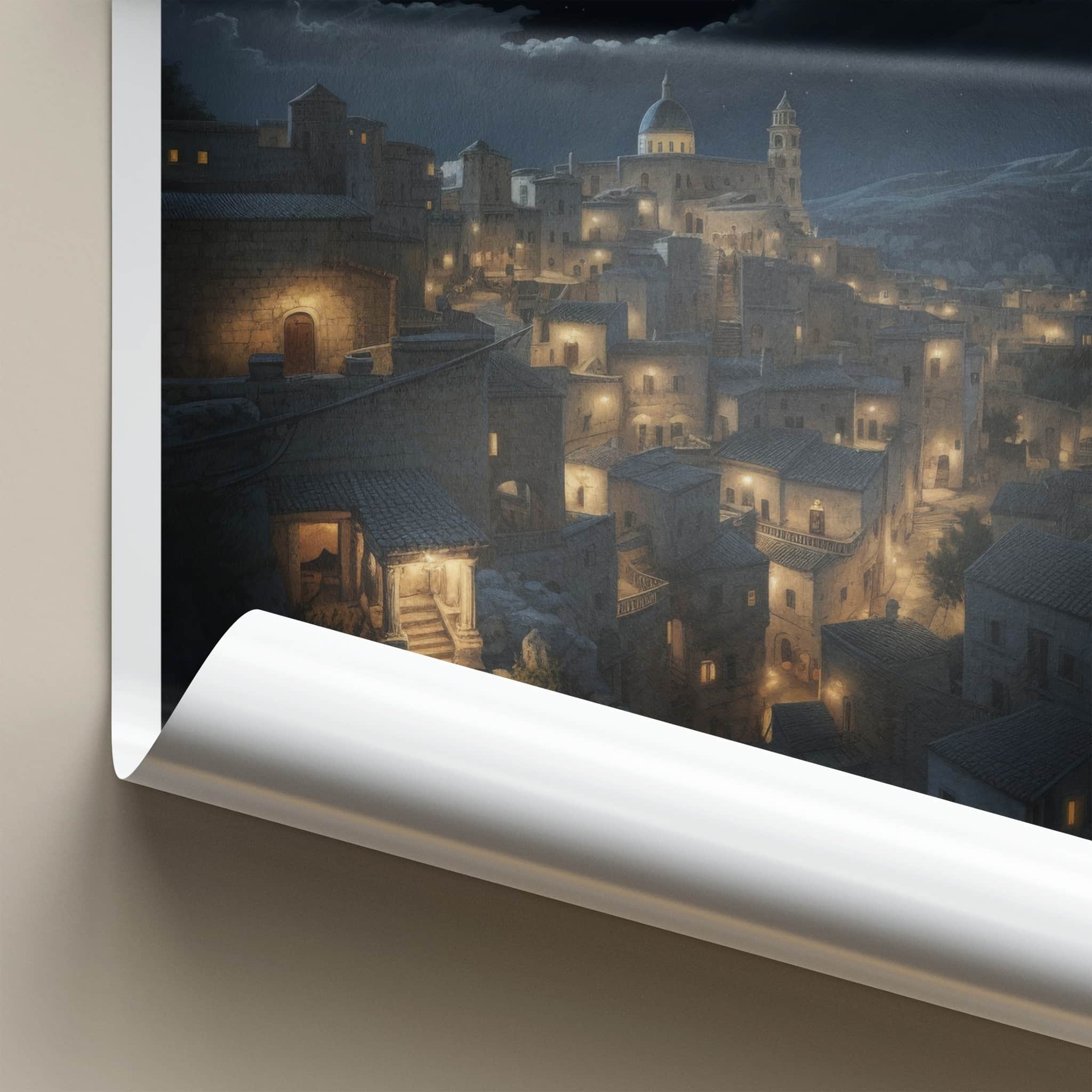 Matera Poster - Italy Travel Art - Moonlit Historic City Home Decor