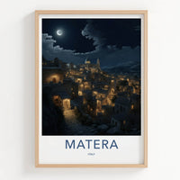 Matera Poster - Italy Travel Art - Moonlit Historic City Home Decor