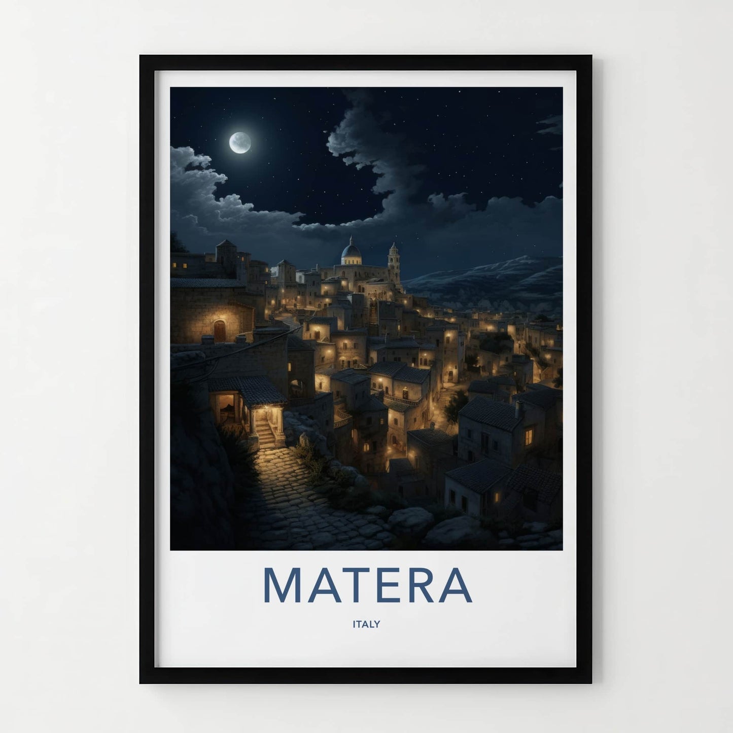 Matera Poster - Italy Travel Art - Moonlit Historic City Home Decor