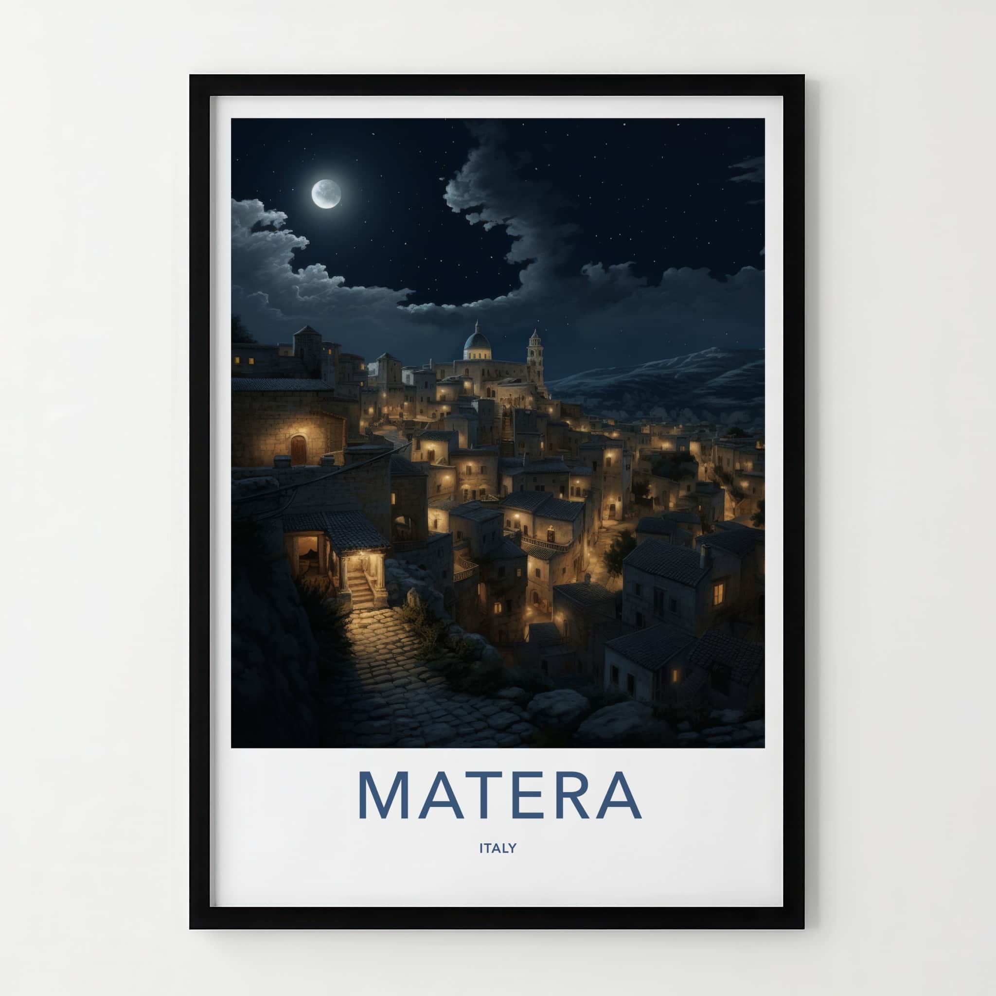 Matera Poster - Italy Travel Art - Moonlit Historic City Home Decor