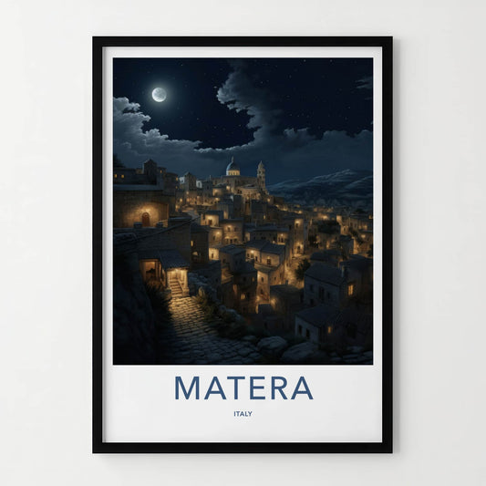 Matera Poster - Italy Travel Art - Moonlit Historic City Home Decor