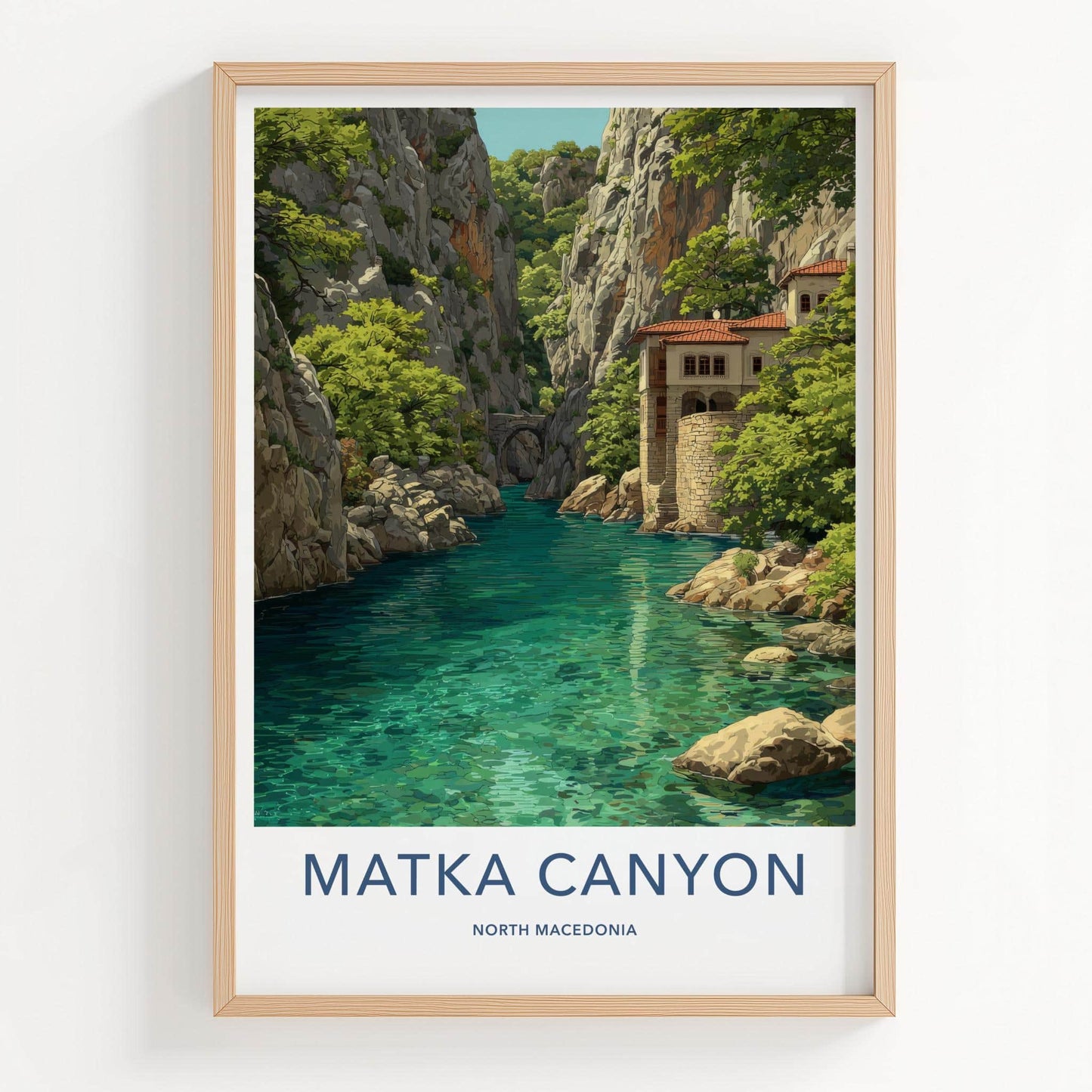Matka Canyon Poster - North Macedonia Travel Art - River Cliff Monastery Home Decor
