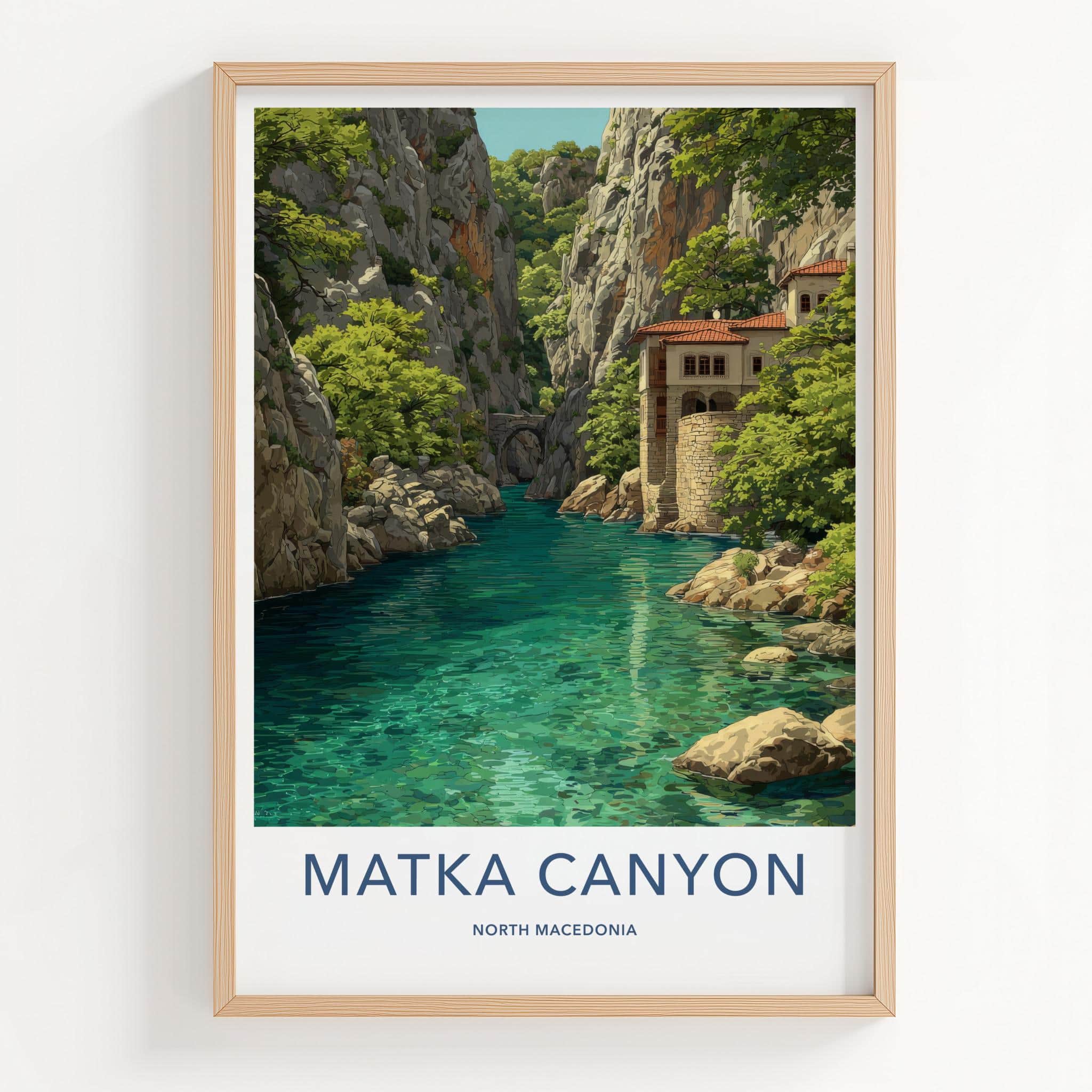 Matka Canyon Poster - North Macedonia Travel Art - River Cliff Monastery Home Decor