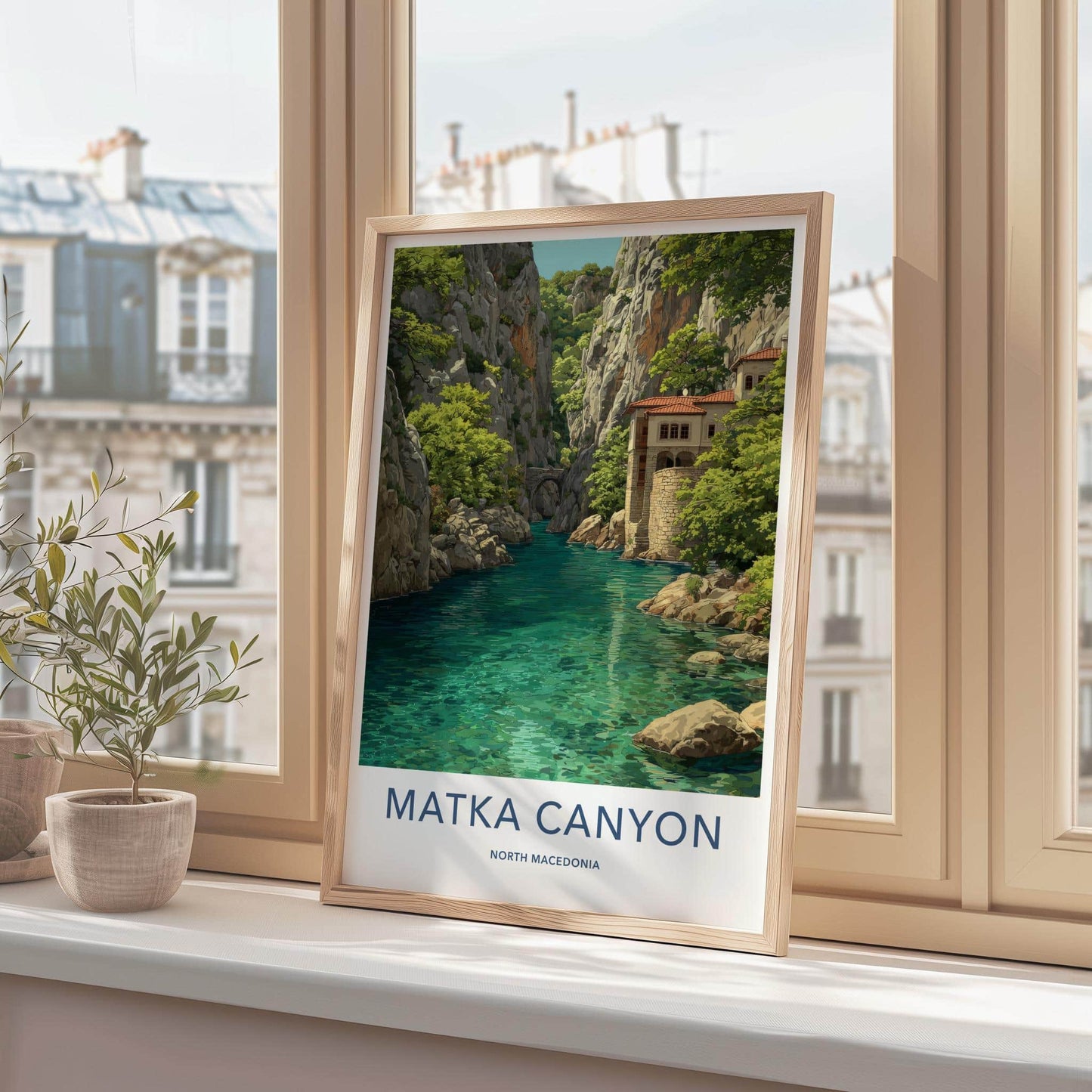 Matka Canyon Poster - North Macedonia Travel Art - River Cliff Monastery Home Decor