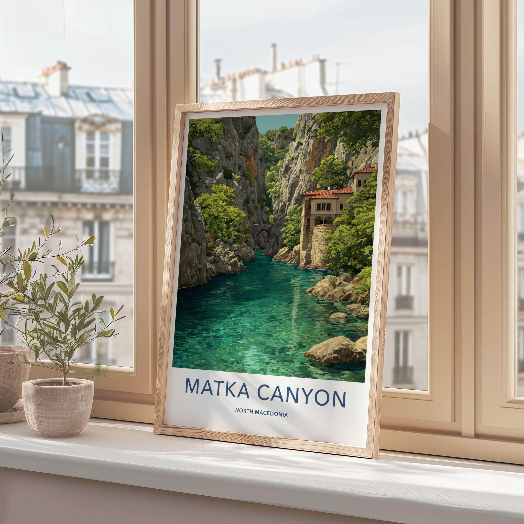 Matka Canyon Poster - North Macedonia Travel Art - River Cliff Monastery Home Decor