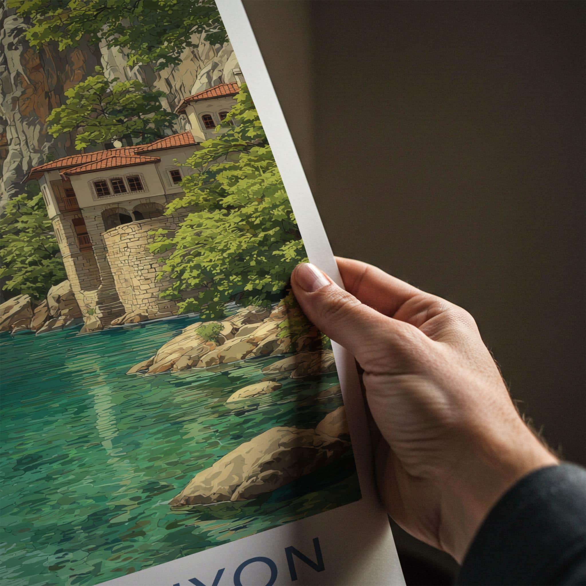 Matka Canyon Poster - North Macedonia Travel Art - River Cliff Monastery Home Decor