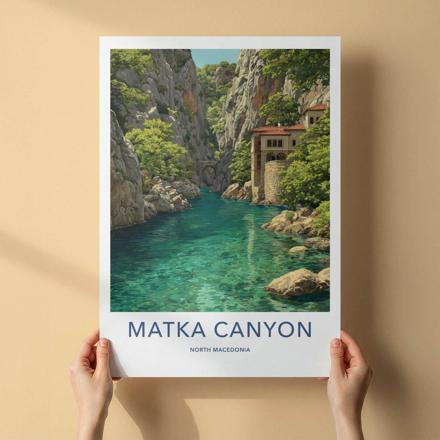Matka Canyon Poster - North Macedonia Travel Art - River Cliff Monastery Home Decor