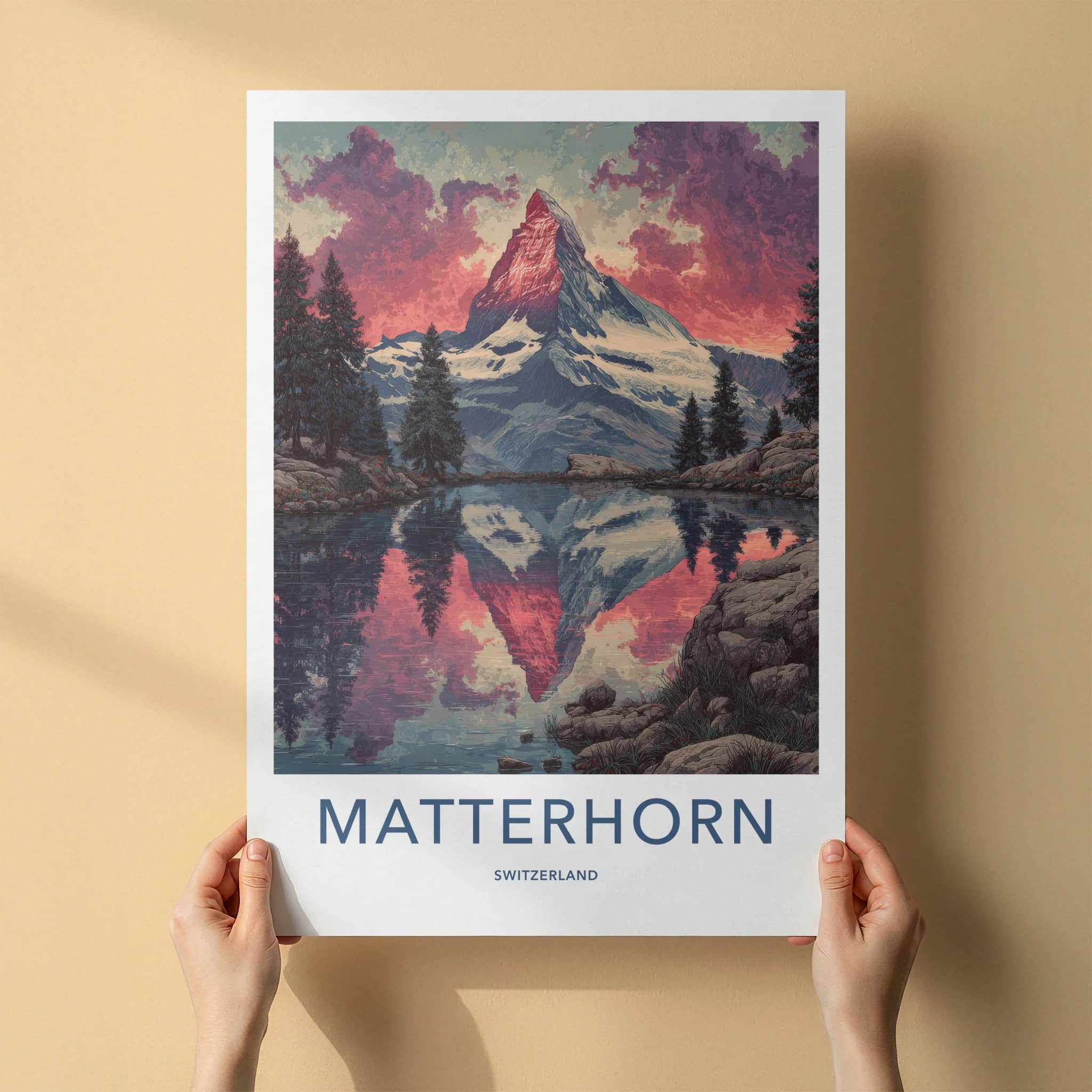 Matterhorn Poster - Switzerland Fine Art - Red Sky Lake Home Decor
