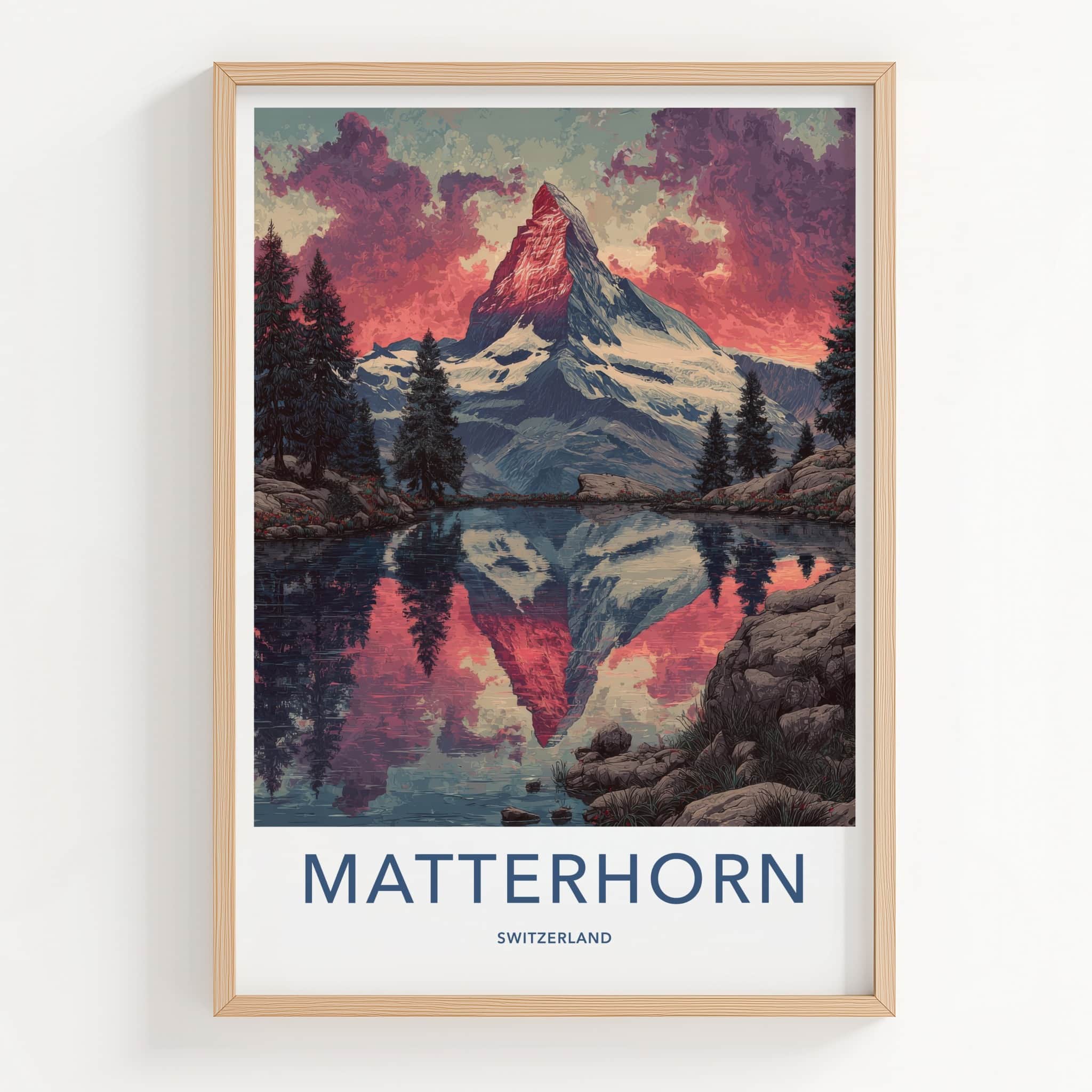 Matterhorn Poster - Switzerland Fine Art - Red Sky Lake Home Decor