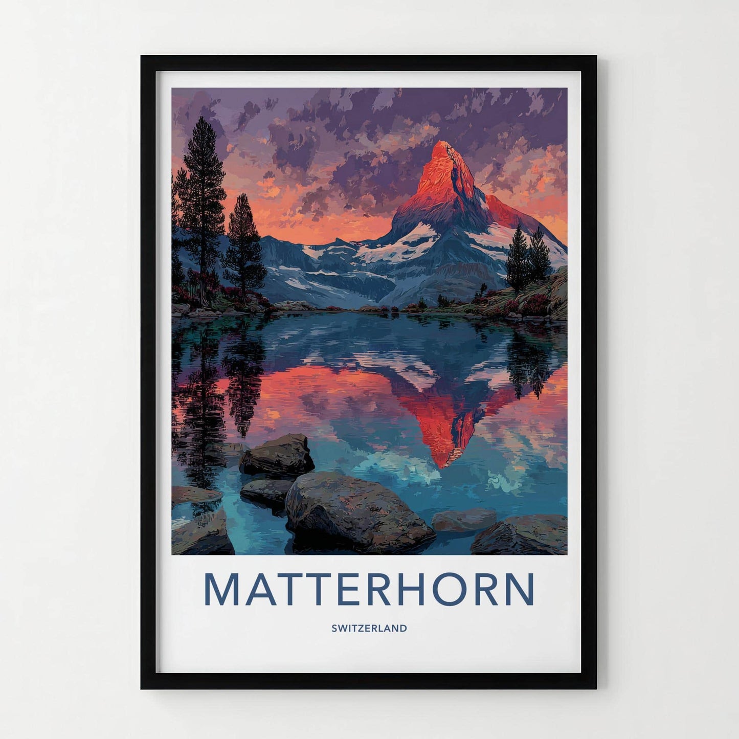 Matterhorn Poster - Switzerland Travel Art - Alpenglow Lake Reflection Home Decor
