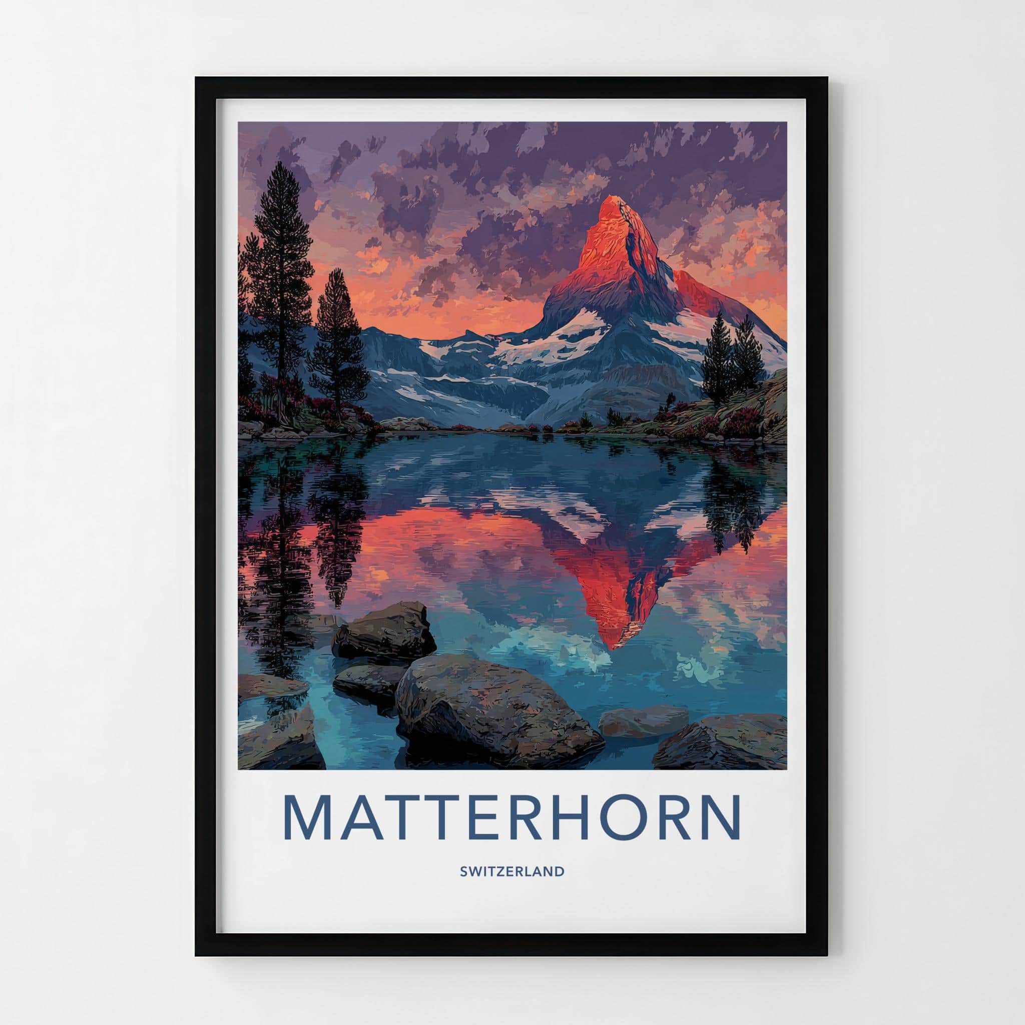 Matterhorn Poster - Switzerland Travel Art - Alpenglow Lake Reflection Home Decor