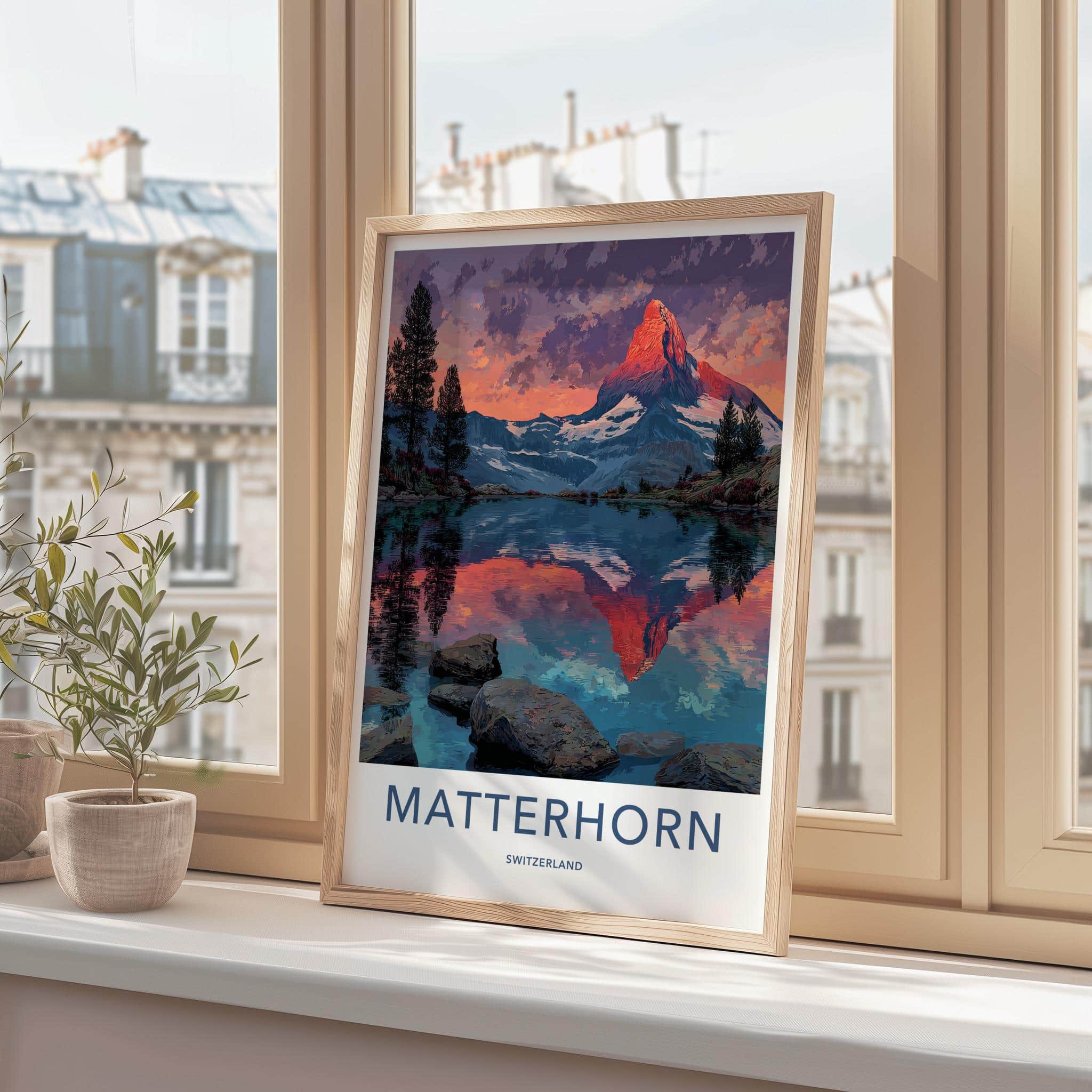 Matterhorn Poster - Switzerland Travel Art - Alpenglow Lake Reflection Home Decor