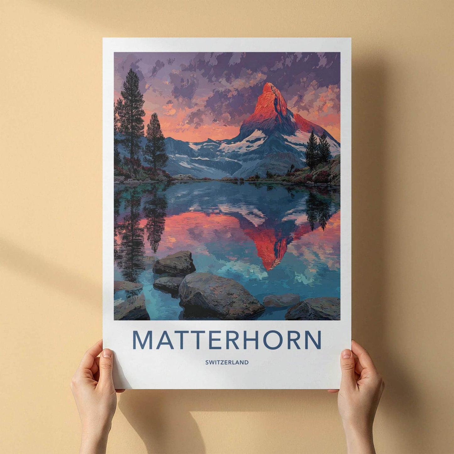 Matterhorn Poster - Switzerland Travel Art - Alpenglow Lake Reflection Home Decor