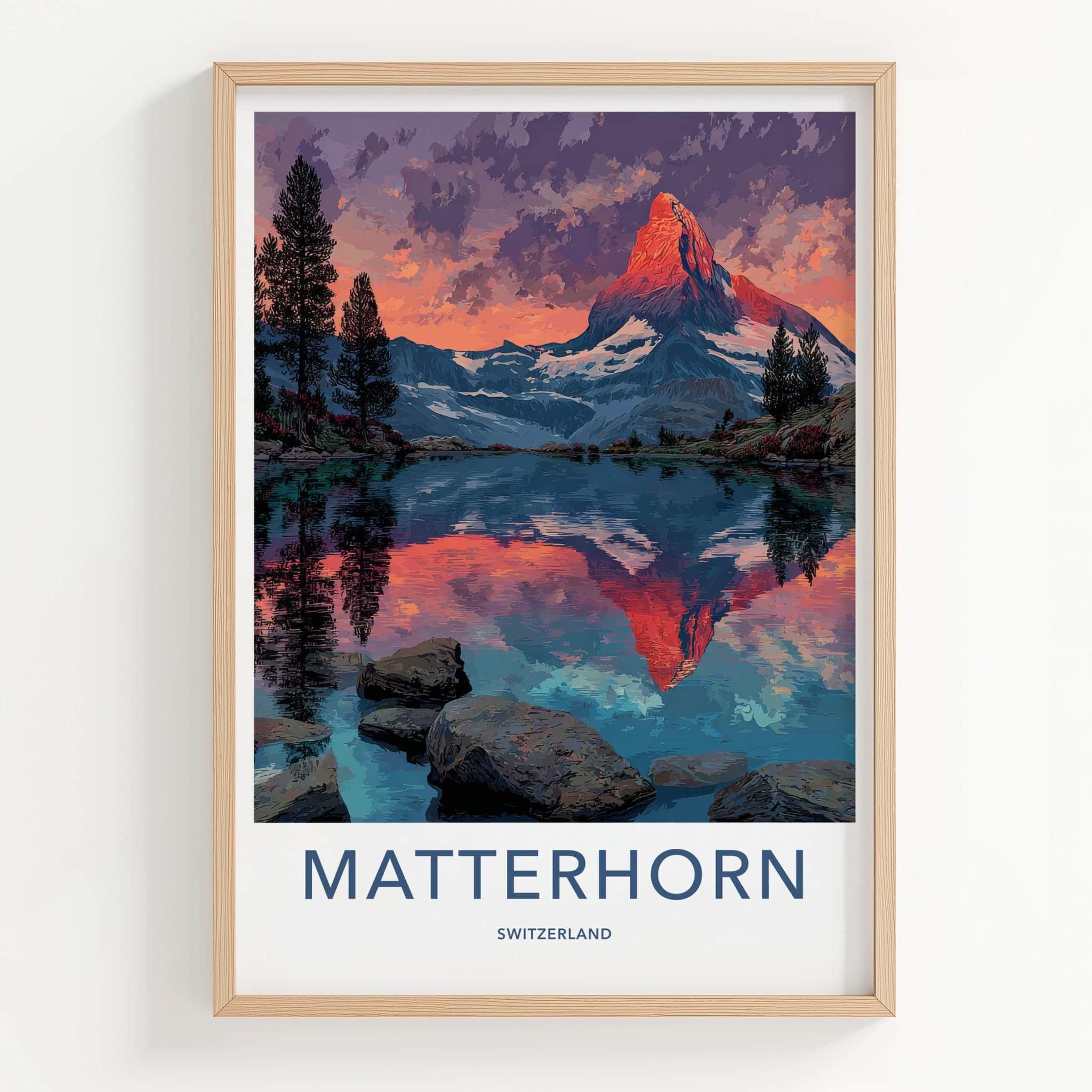 Matterhorn Poster - Switzerland Travel Art - Alpenglow Lake Reflection Home Decor
