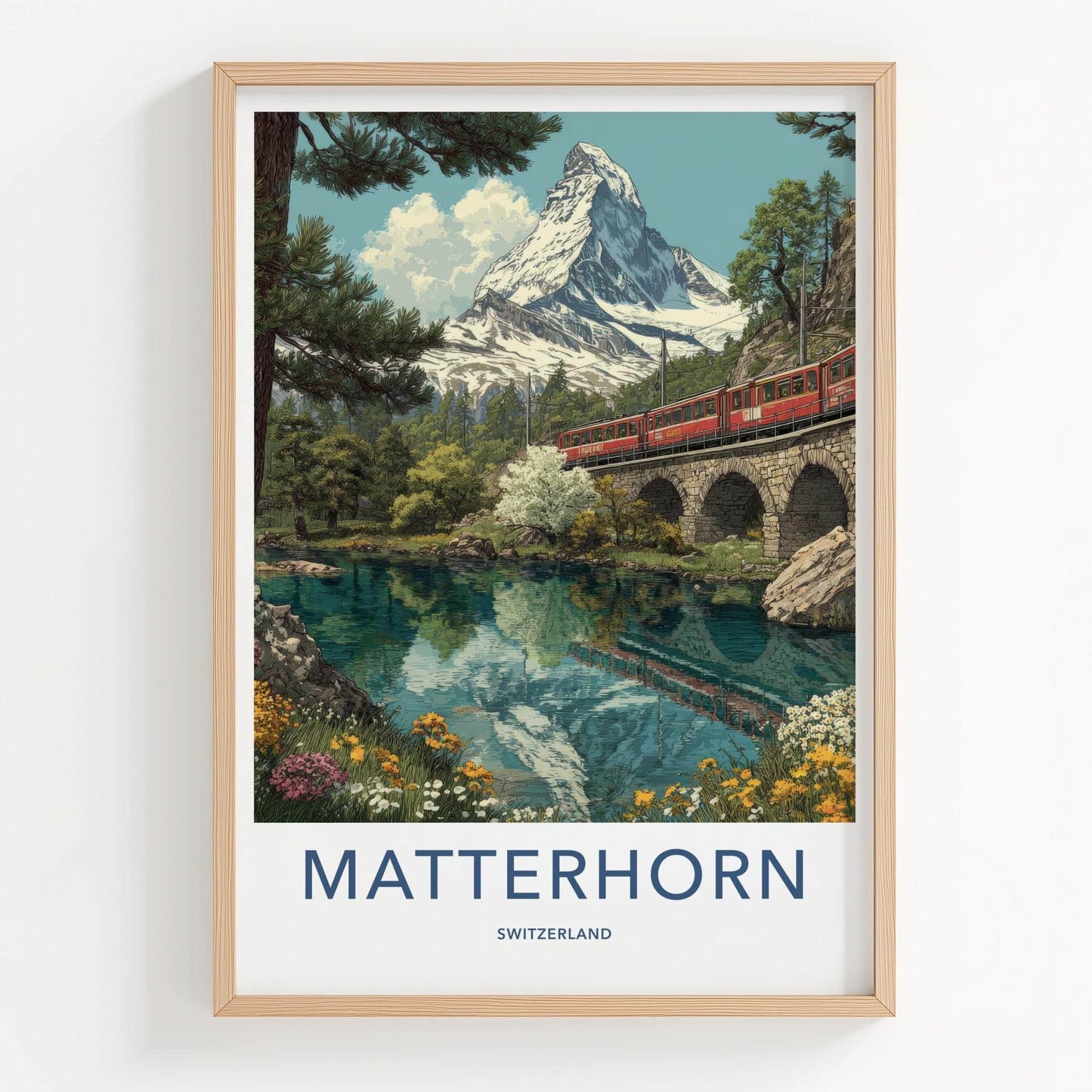 Matterhorn Poster - Switzerland Travel Art - Alpine Lake Train Wall Decor