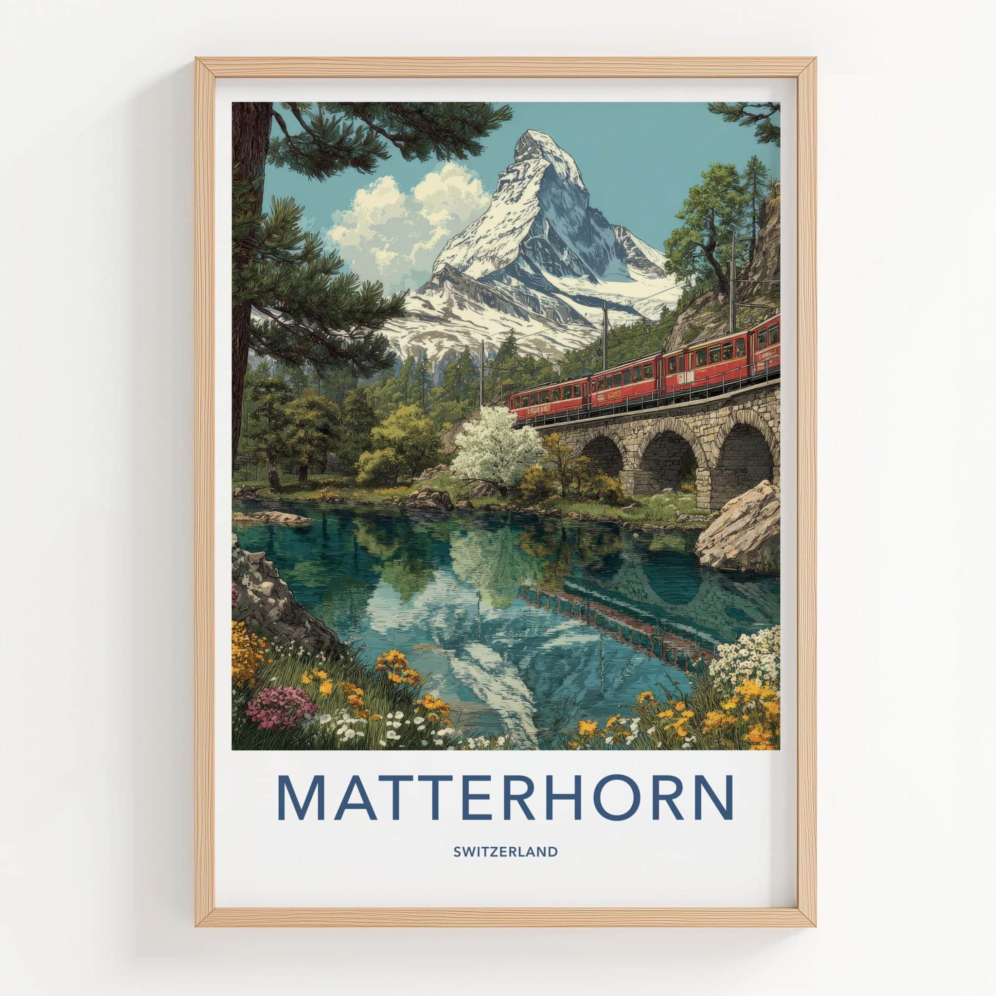 Matterhorn Poster - Switzerland Travel Art - Alpine Lake Train Wall Decor