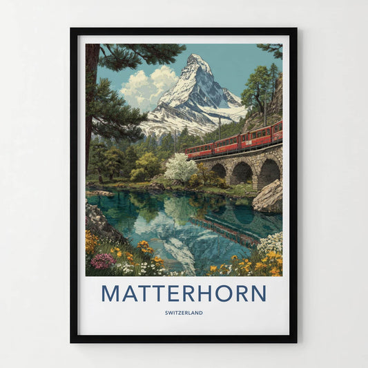 Matterhorn Poster - Switzerland Travel Art - Alpine Lake Train Wall Decor