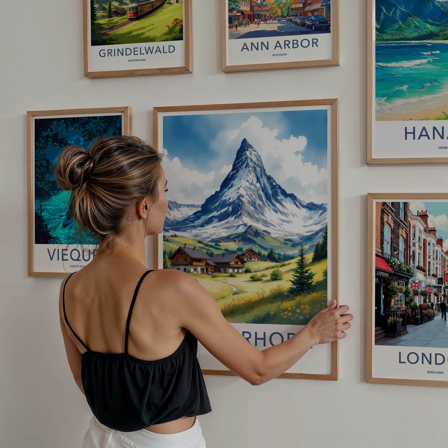 Matterhorn Poster - Switzerland Travel Art - Alpine Valley Houses Home Decor