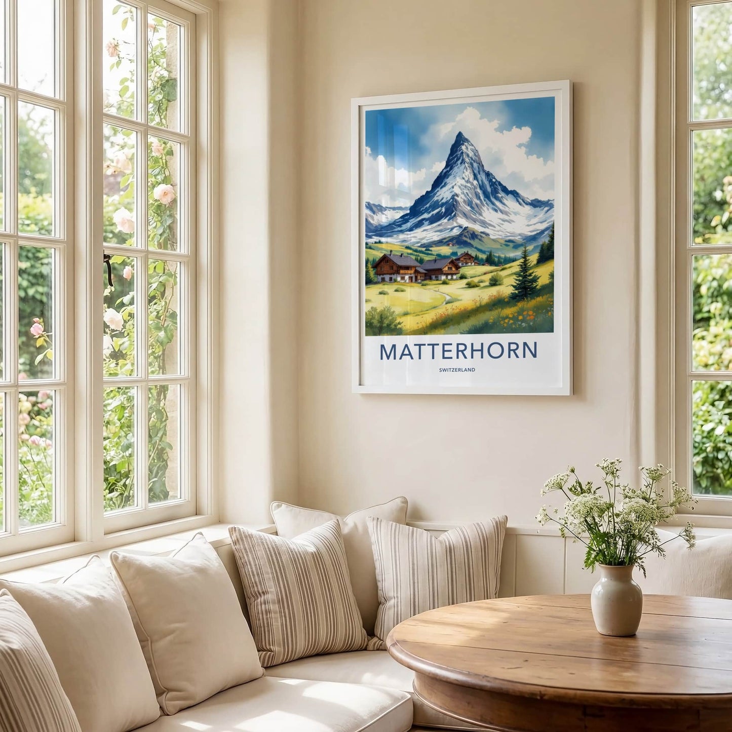 Matterhorn Poster - Switzerland Travel Art - Alpine Valley Houses Home Decor