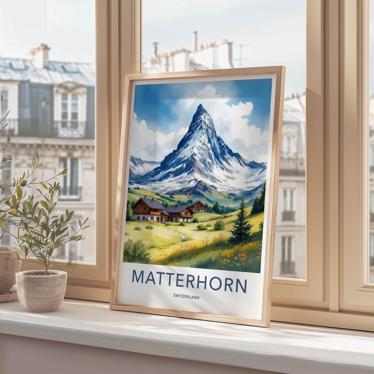 Matterhorn Poster - Switzerland Travel Art - Alpine Valley Houses Home Decor