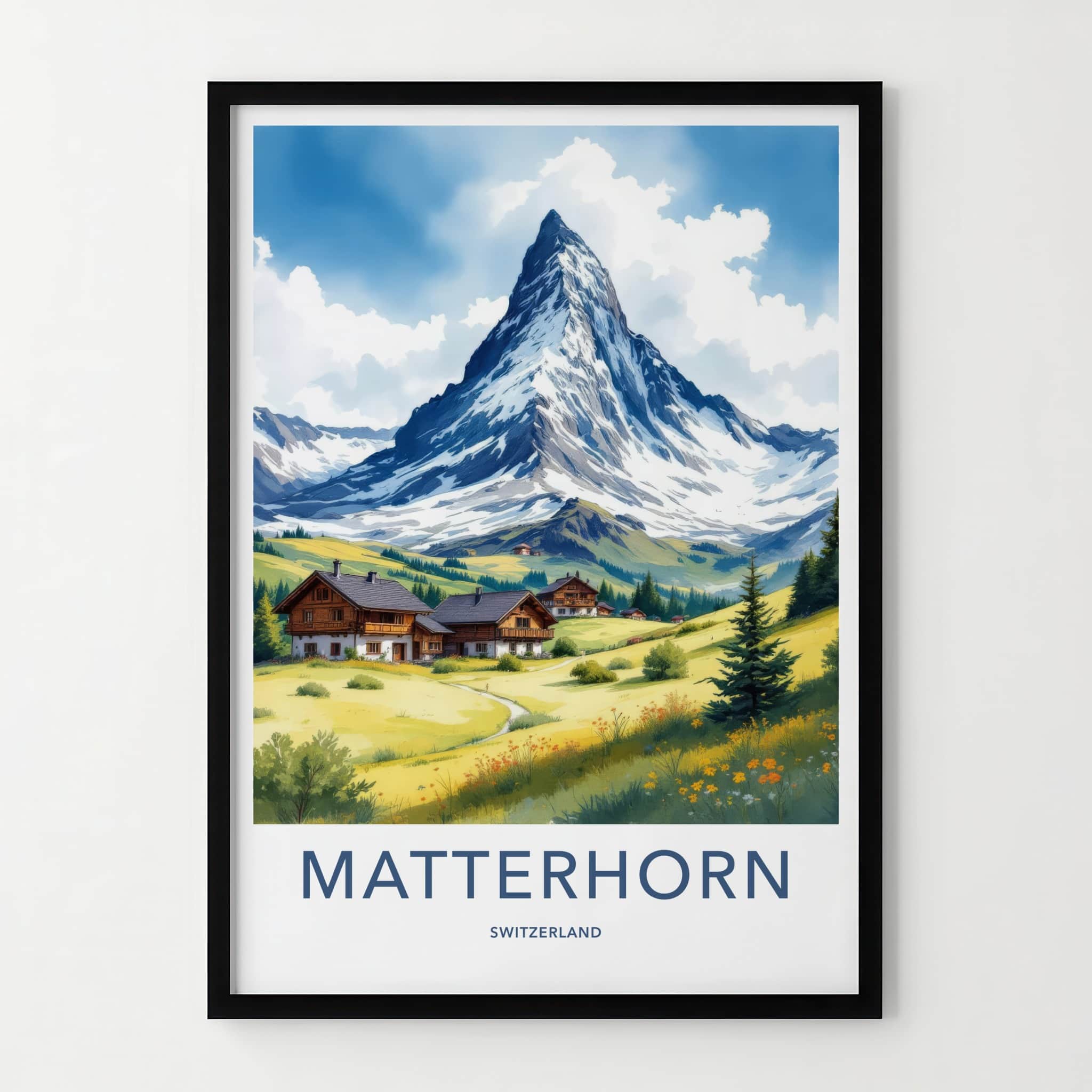 Matterhorn Poster - Switzerland Travel Art - Alpine Valley Houses Home Decor