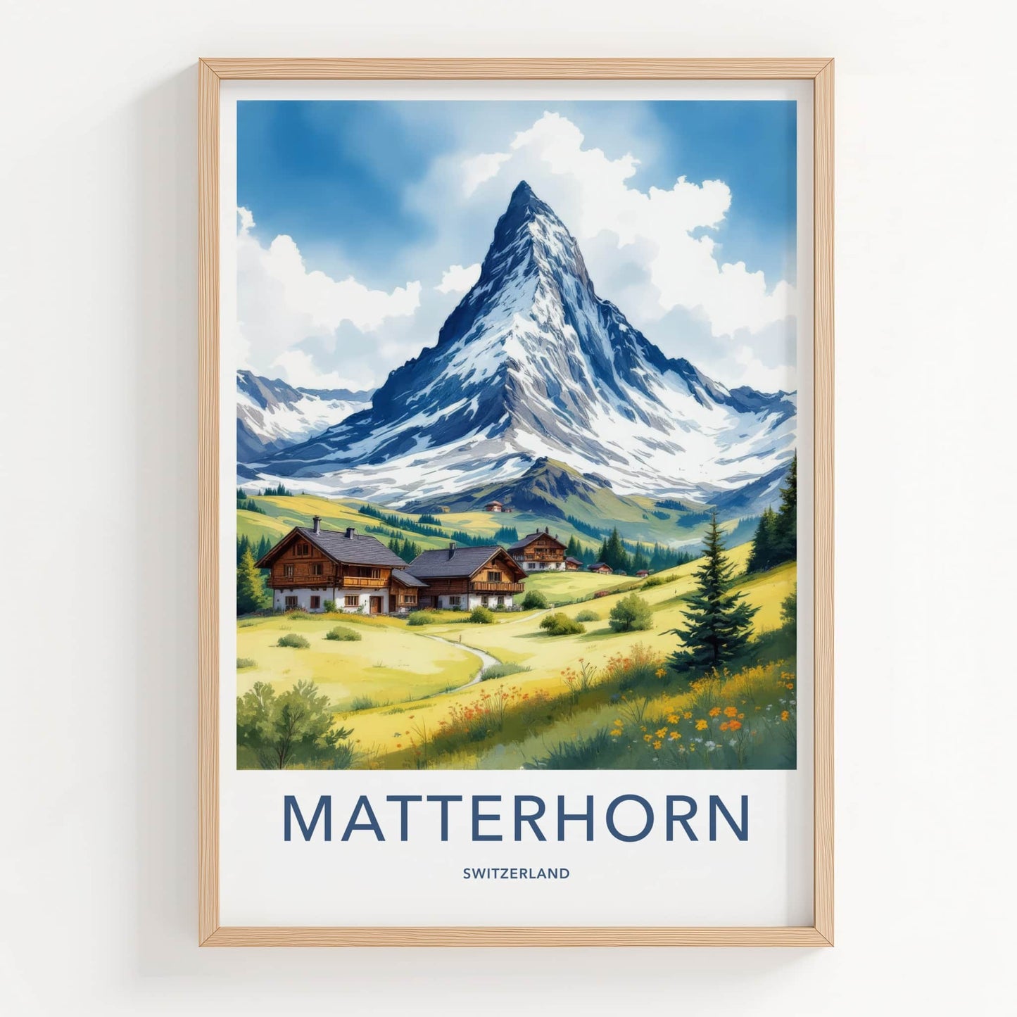 Matterhorn Poster - Switzerland Travel Art - Alpine Valley Houses Home Decor